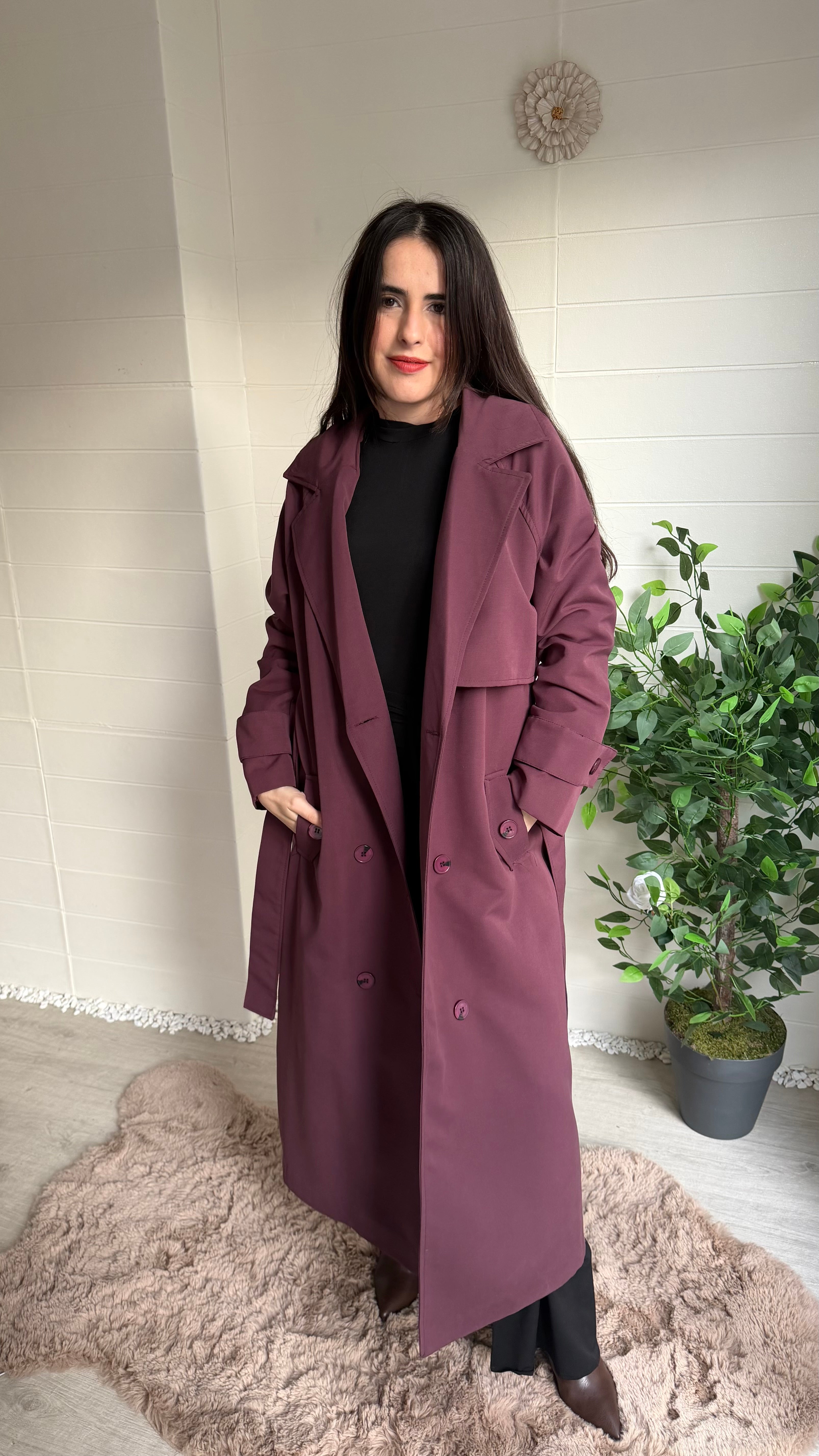 Uzun Düğmeli Sırtı Pelerin Trençkot