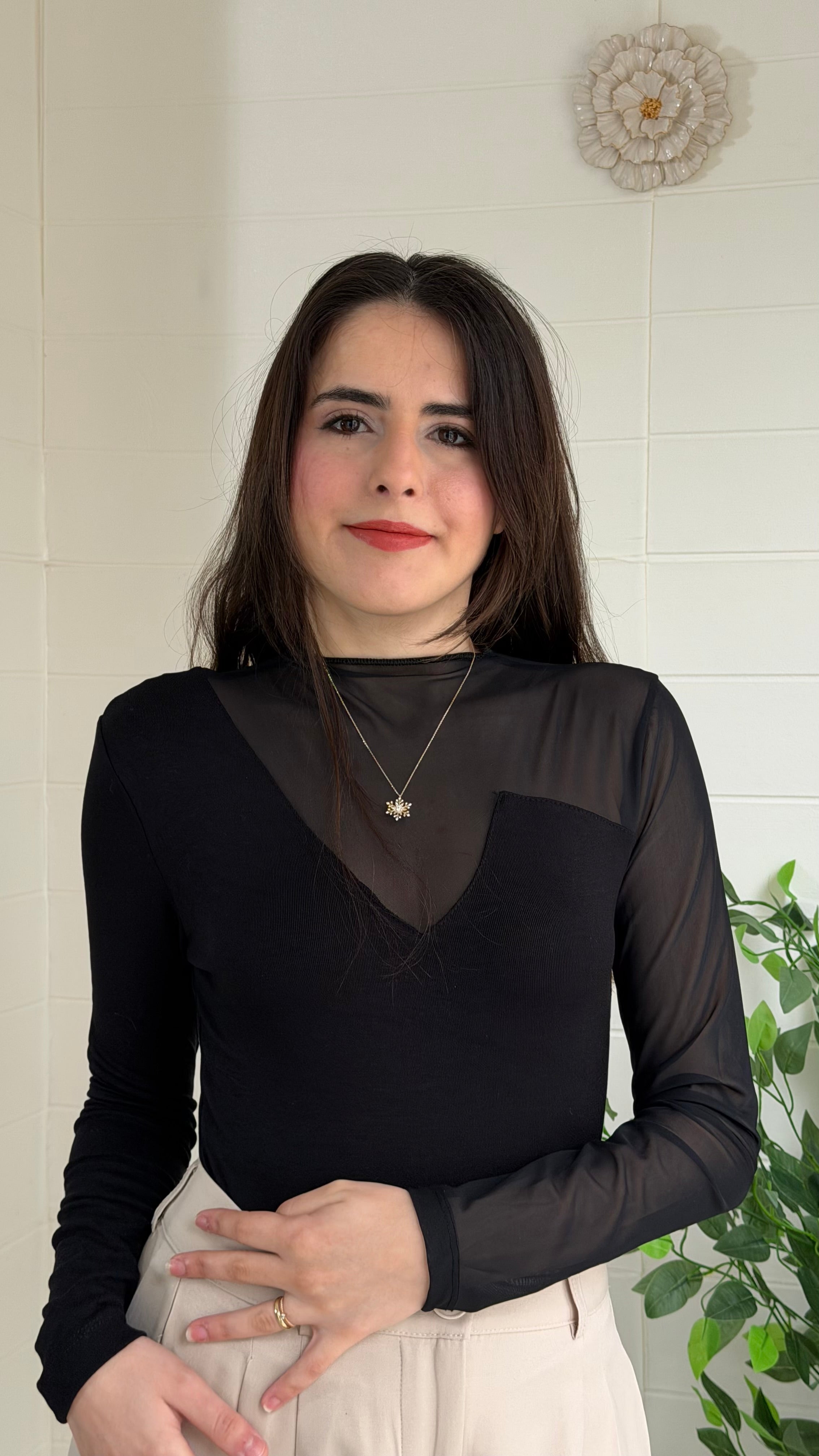 Ribana Dik Yaka Tül Detaylı Bluz