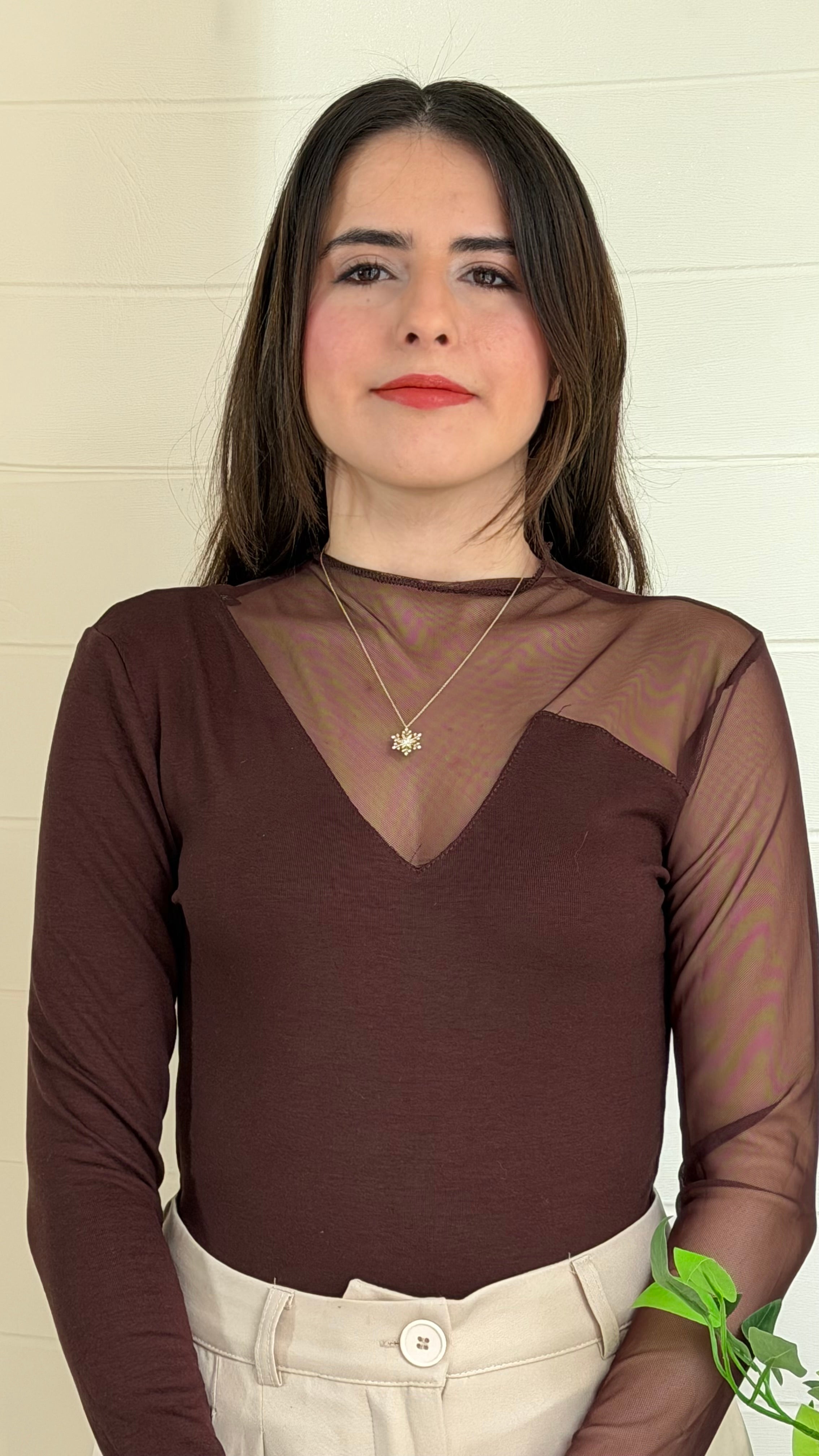 Ribana Dik Yaka Tül Detaylı Bluz