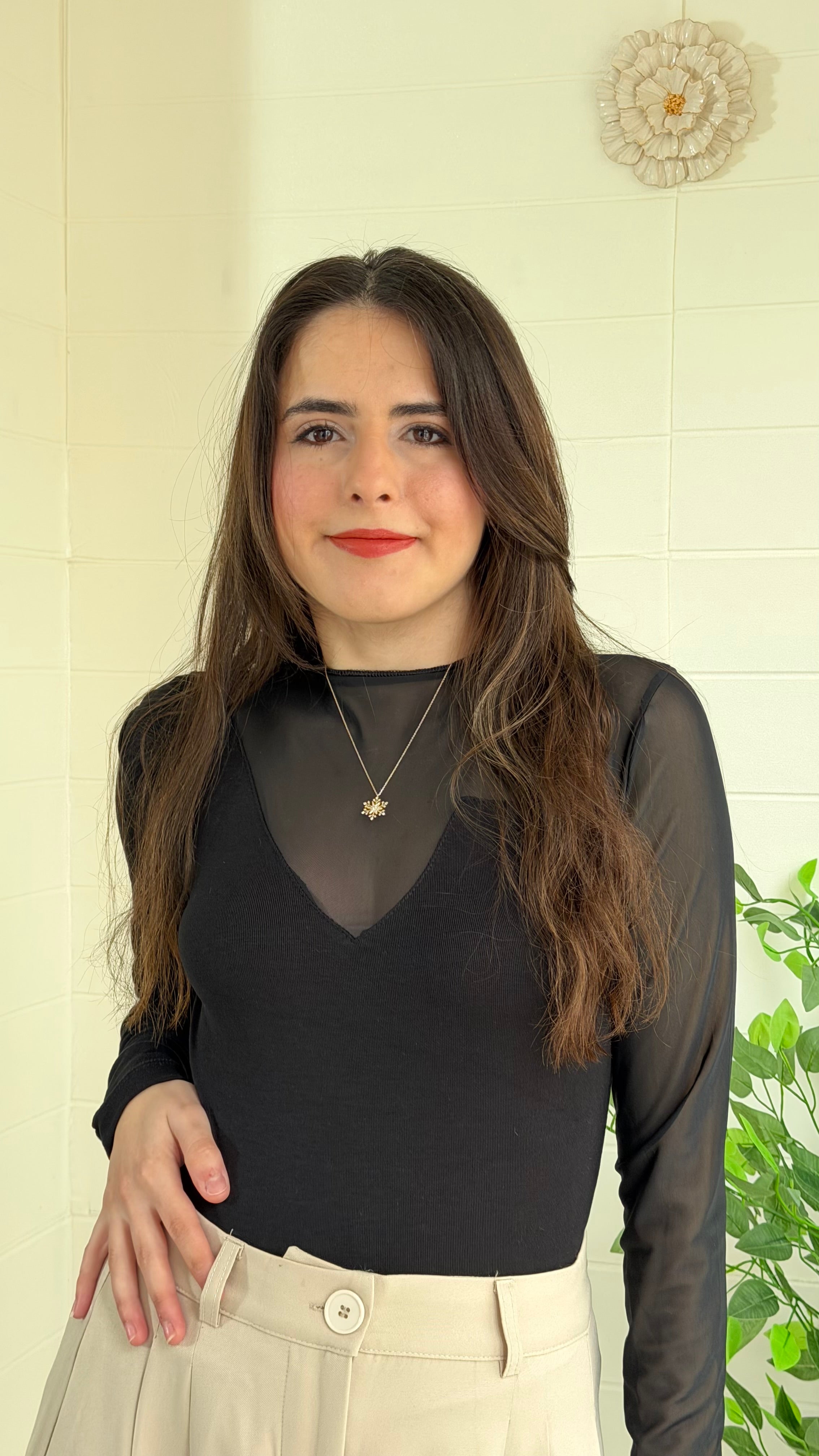 Ribana Dik Yaka Tül Detaylı Bluz