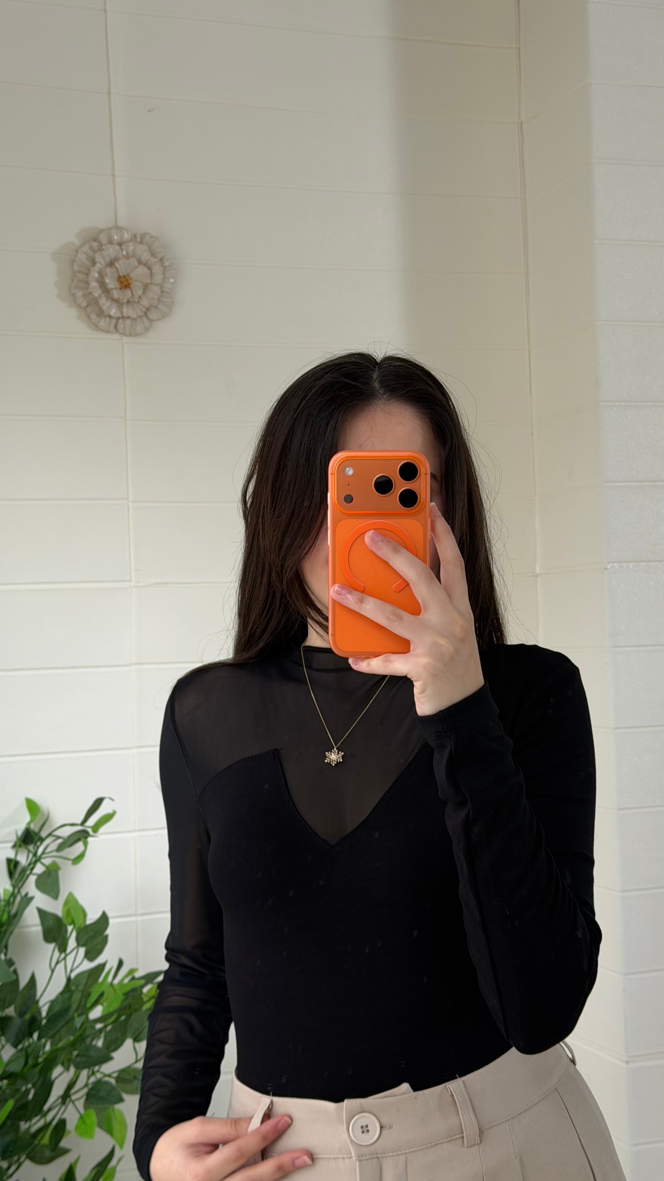 Ribana Dik Yaka Tül Detaylı Bluz