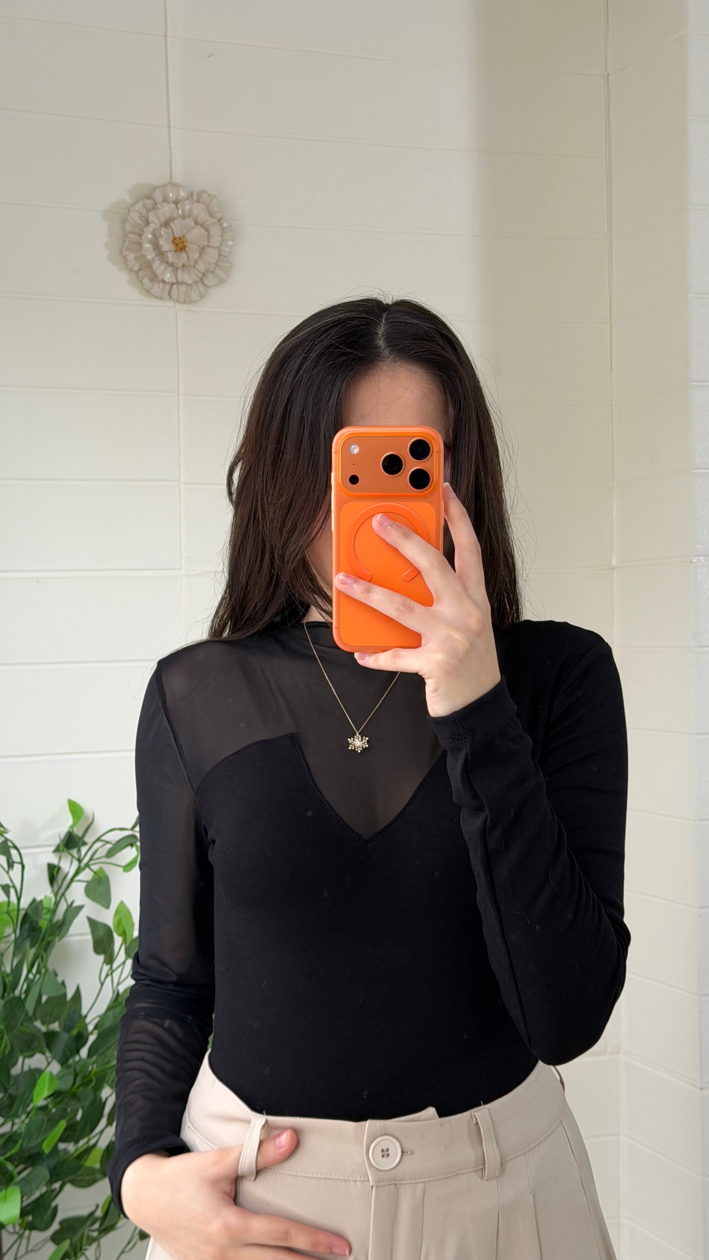 Ribana Dik Yaka Tül Detaylı Bluz