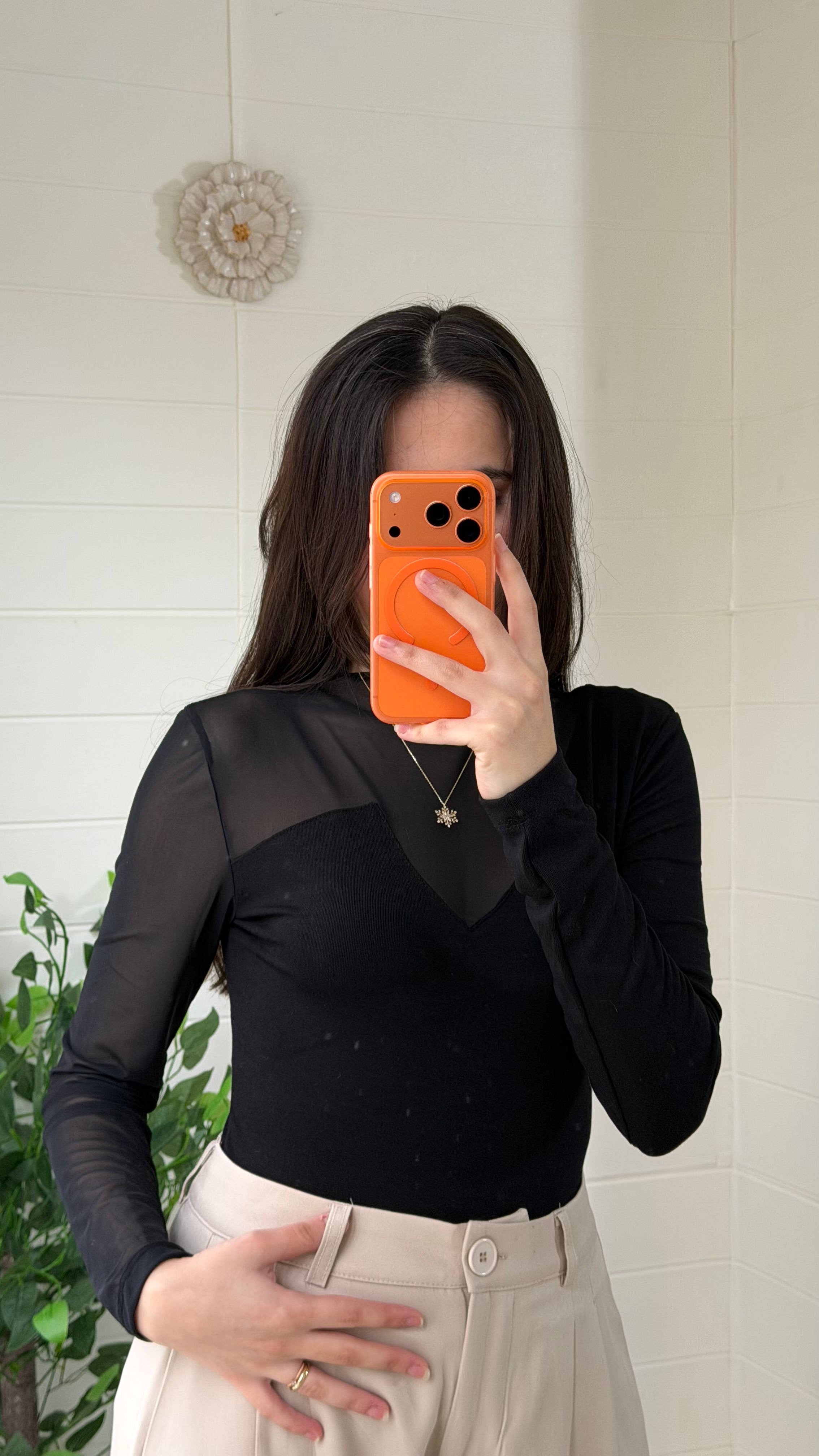 Ribana Dik Yaka Tül Detaylı Bluz