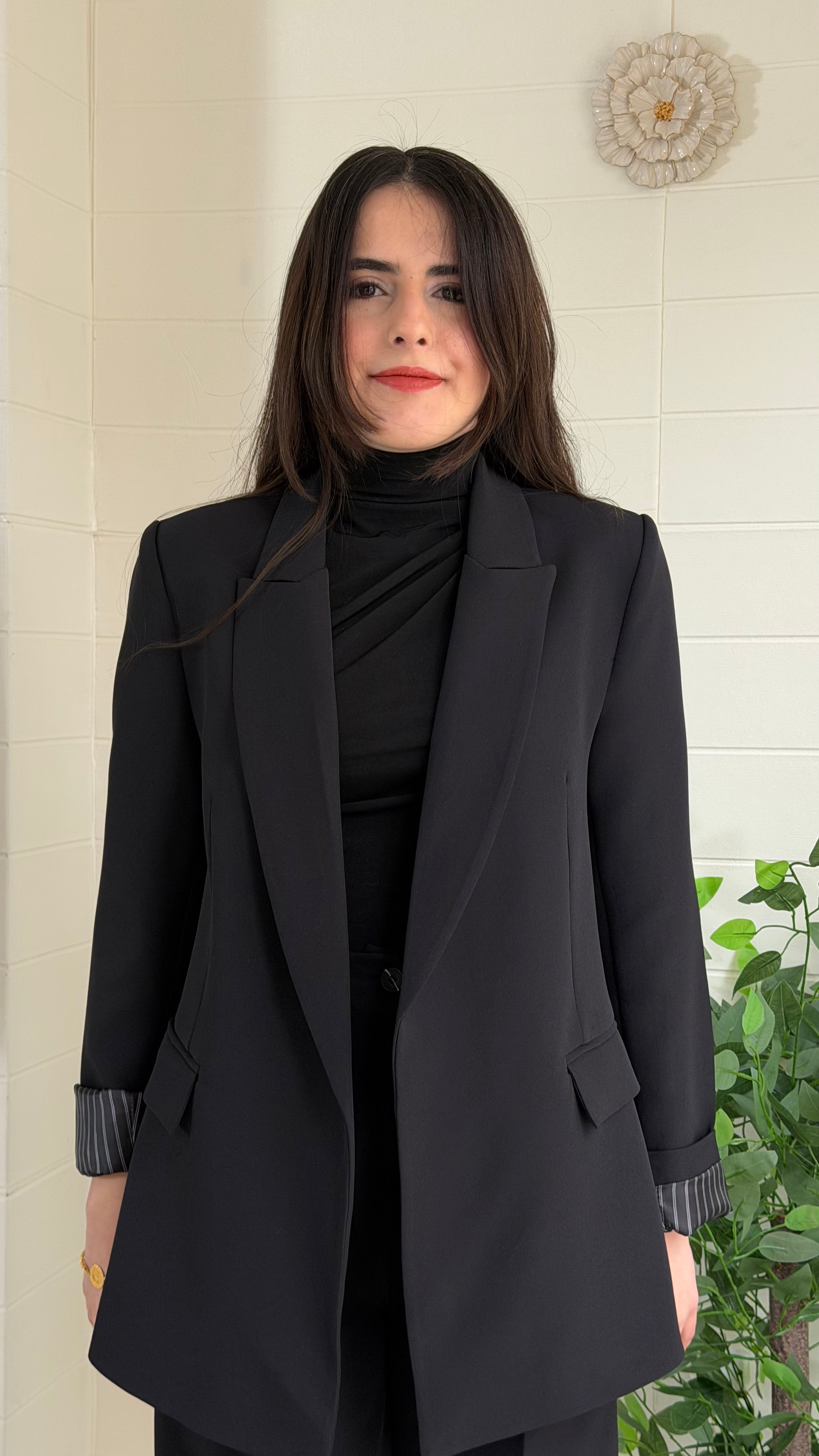Çizgili Astarlı Blazer Ceket & Pileli Palazzo Pantolon Takım / Siyah
