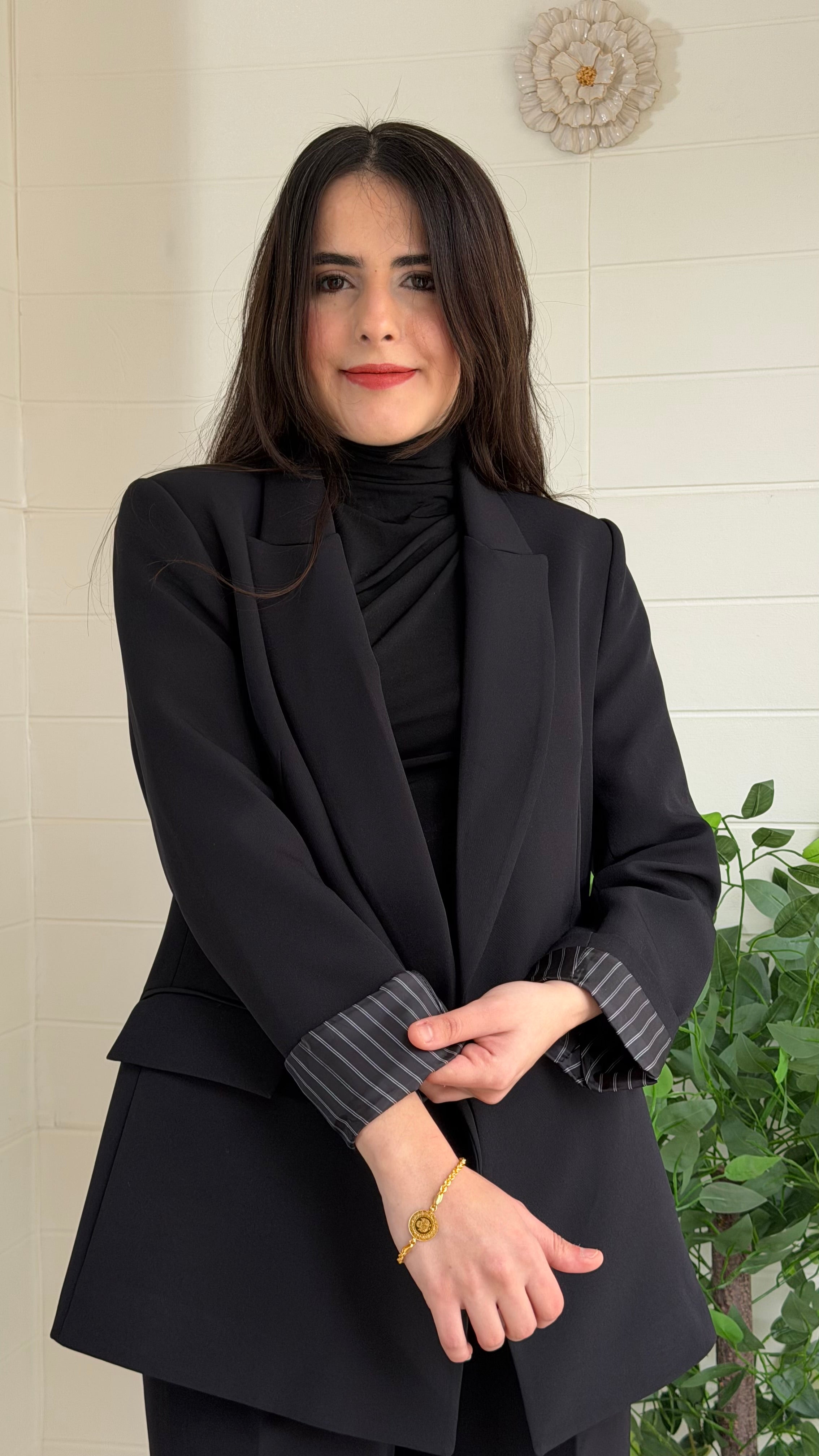 Çizgili Astarlı Blazer Ceket & Pileli Palazzo Pantolon Takım / Siyah