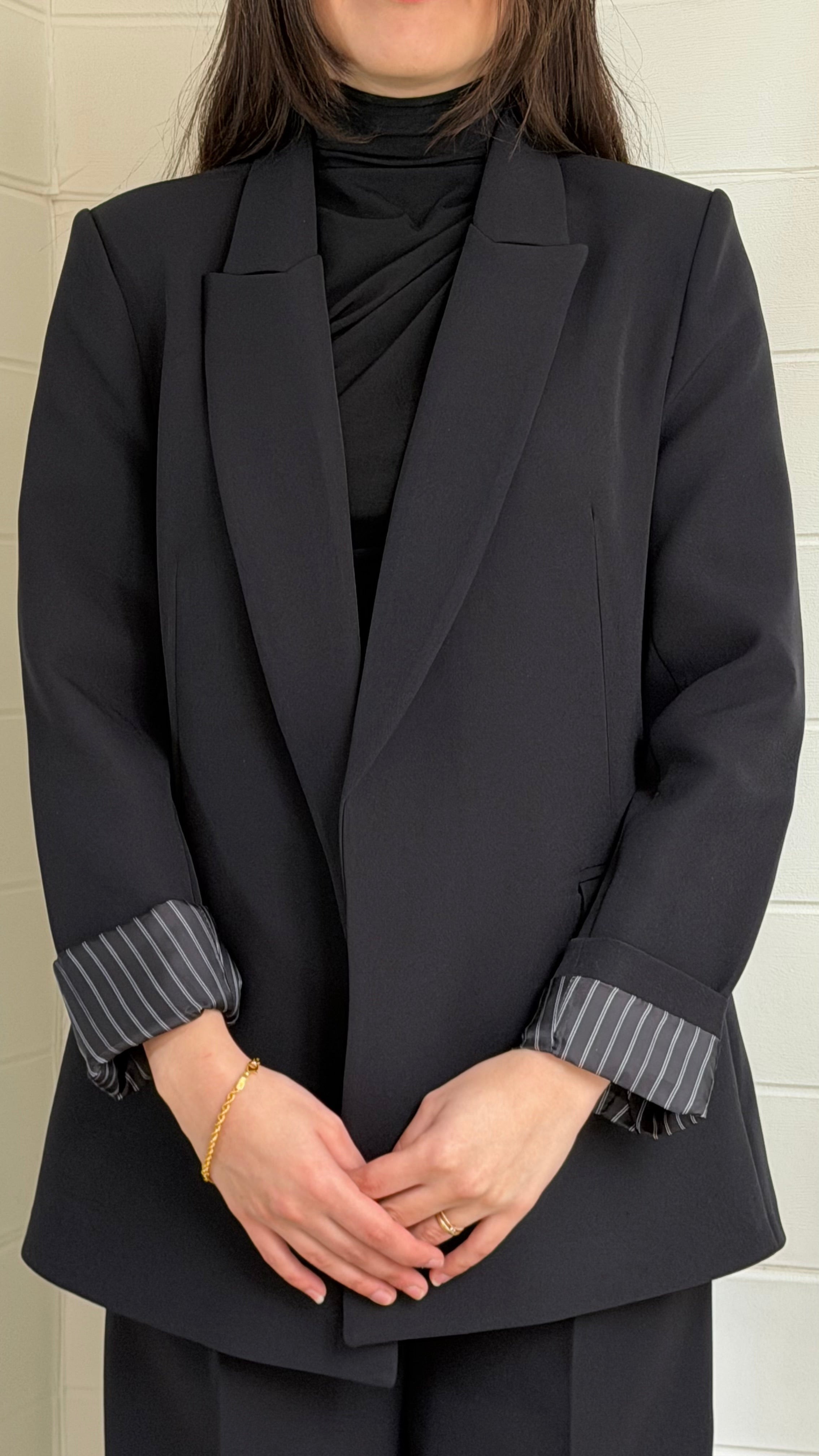 Çizgili Astarlı Blazer Ceket & Pileli Palazzo Pantolon Takım / Siyah
