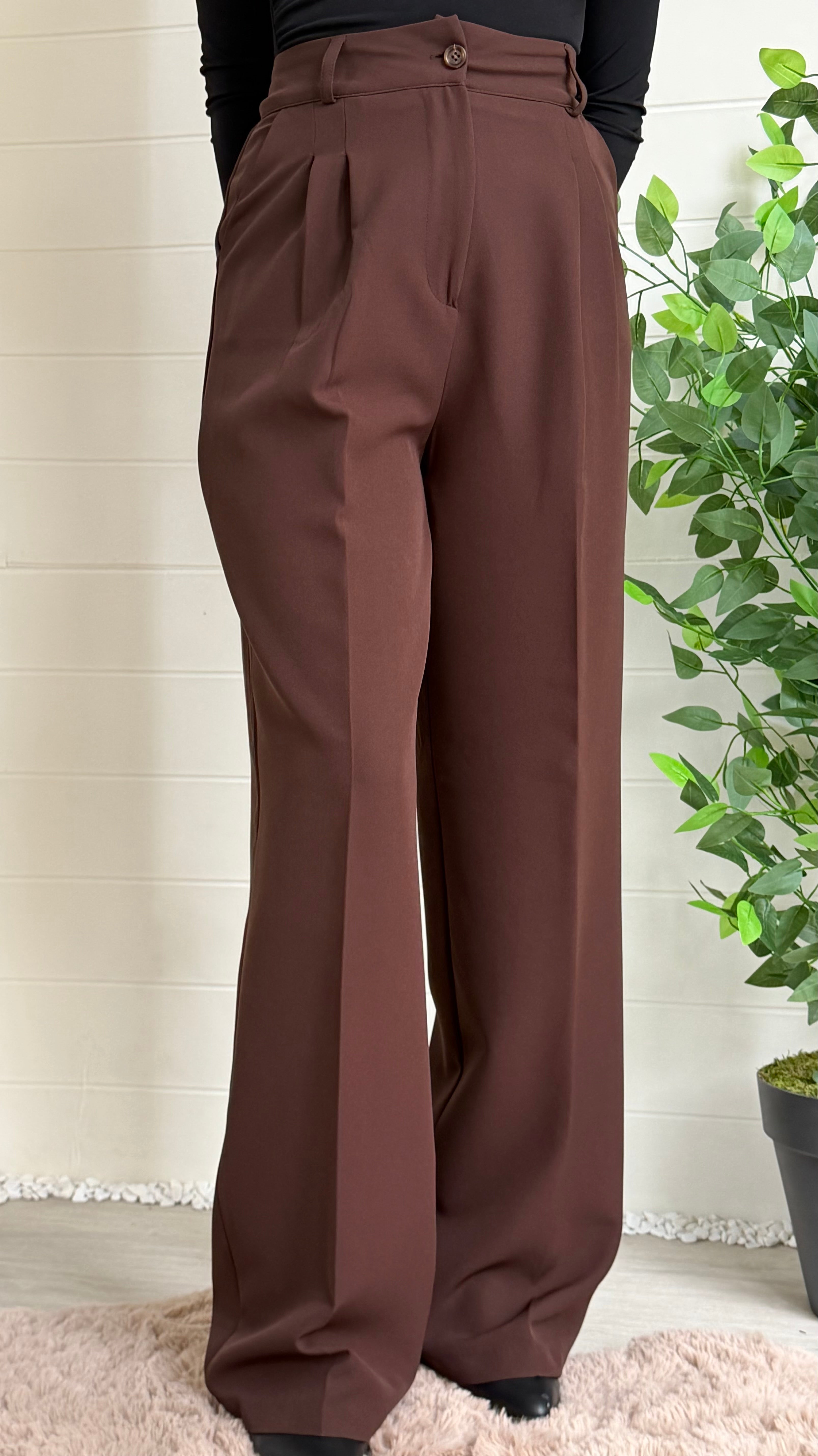 Çizgili Astarlı Blazer Ceket & Pileli Palazzo Pantolon Takım / Kahve