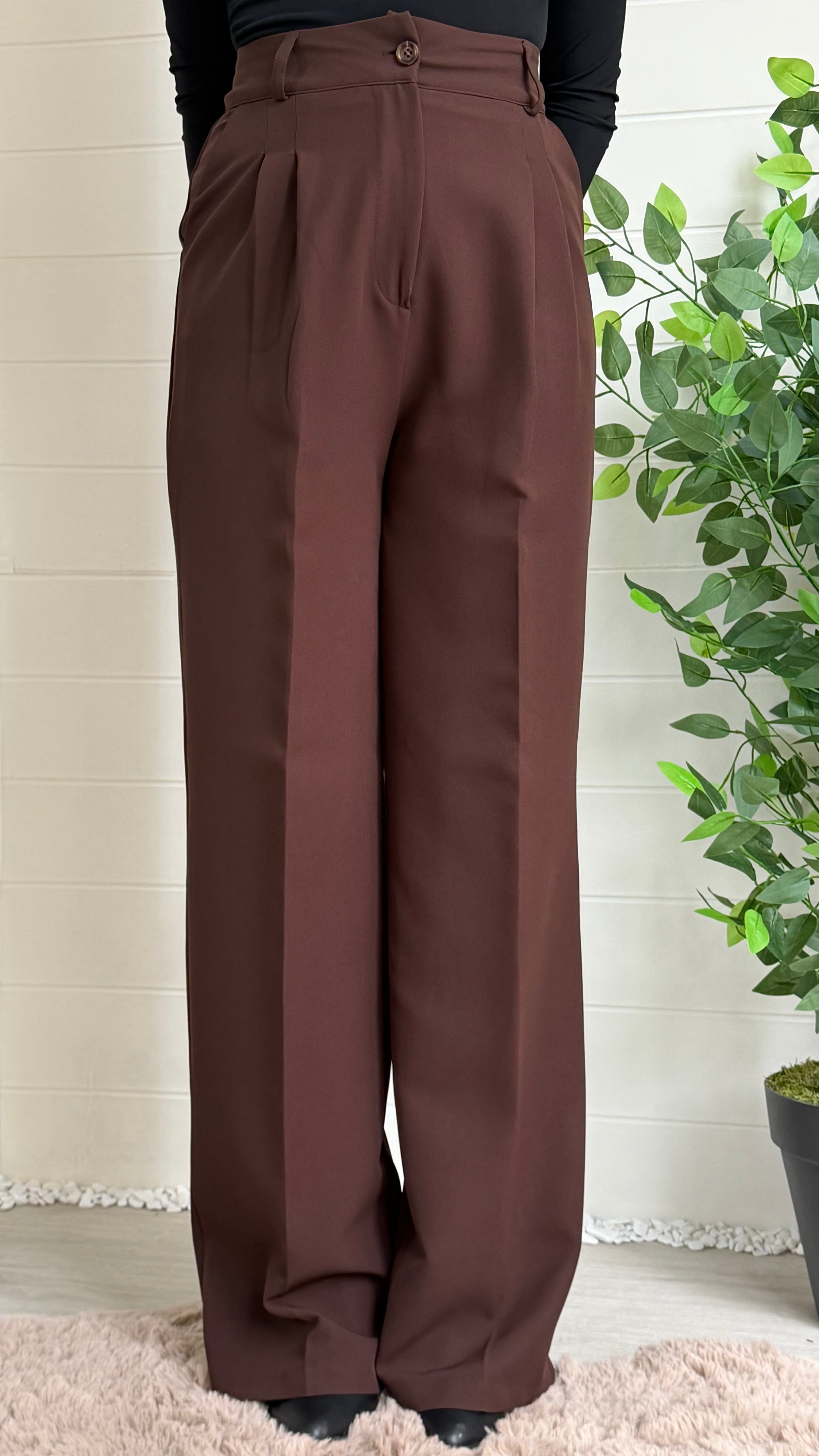 Çizgili Astarlı Blazer Ceket & Pileli Palazzo Pantolon Takım / Kahve