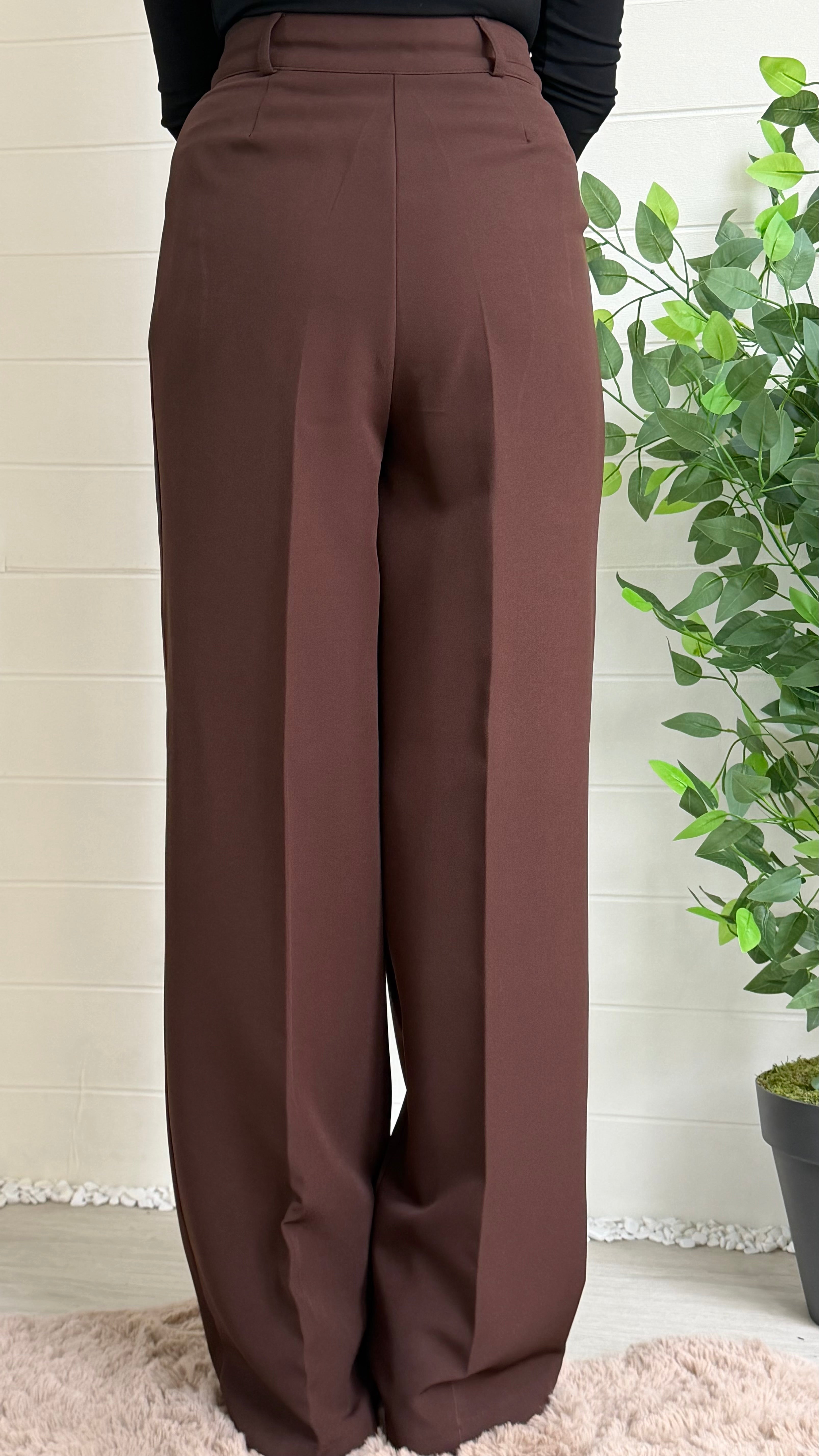 Çizgili Astarlı Blazer Ceket & Pileli Palazzo Pantolon Takım / Kahve
