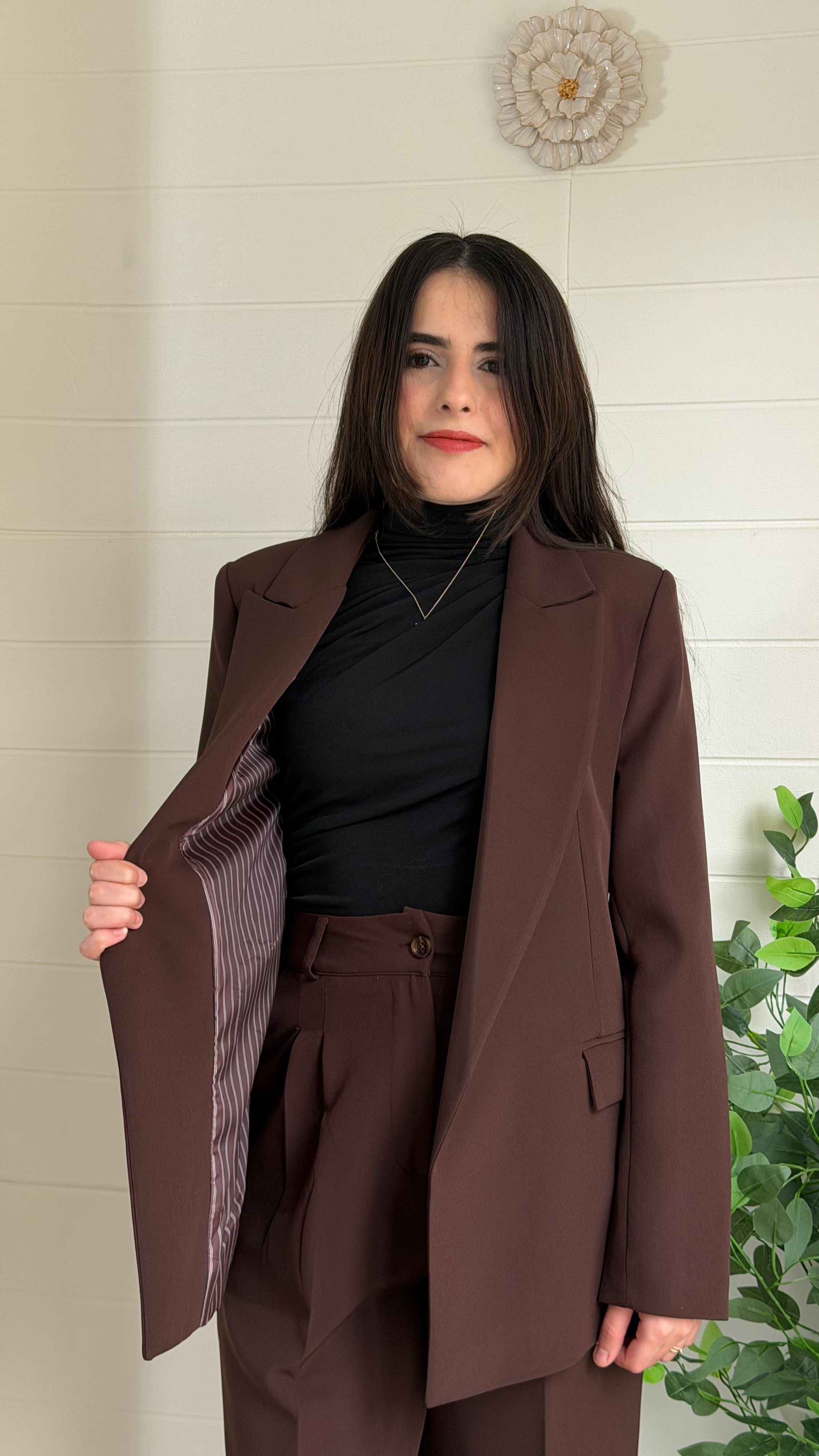 Çizgili Astarlı Blazer Ceket & Pileli Palazzo Pantolon Takım / Kahve