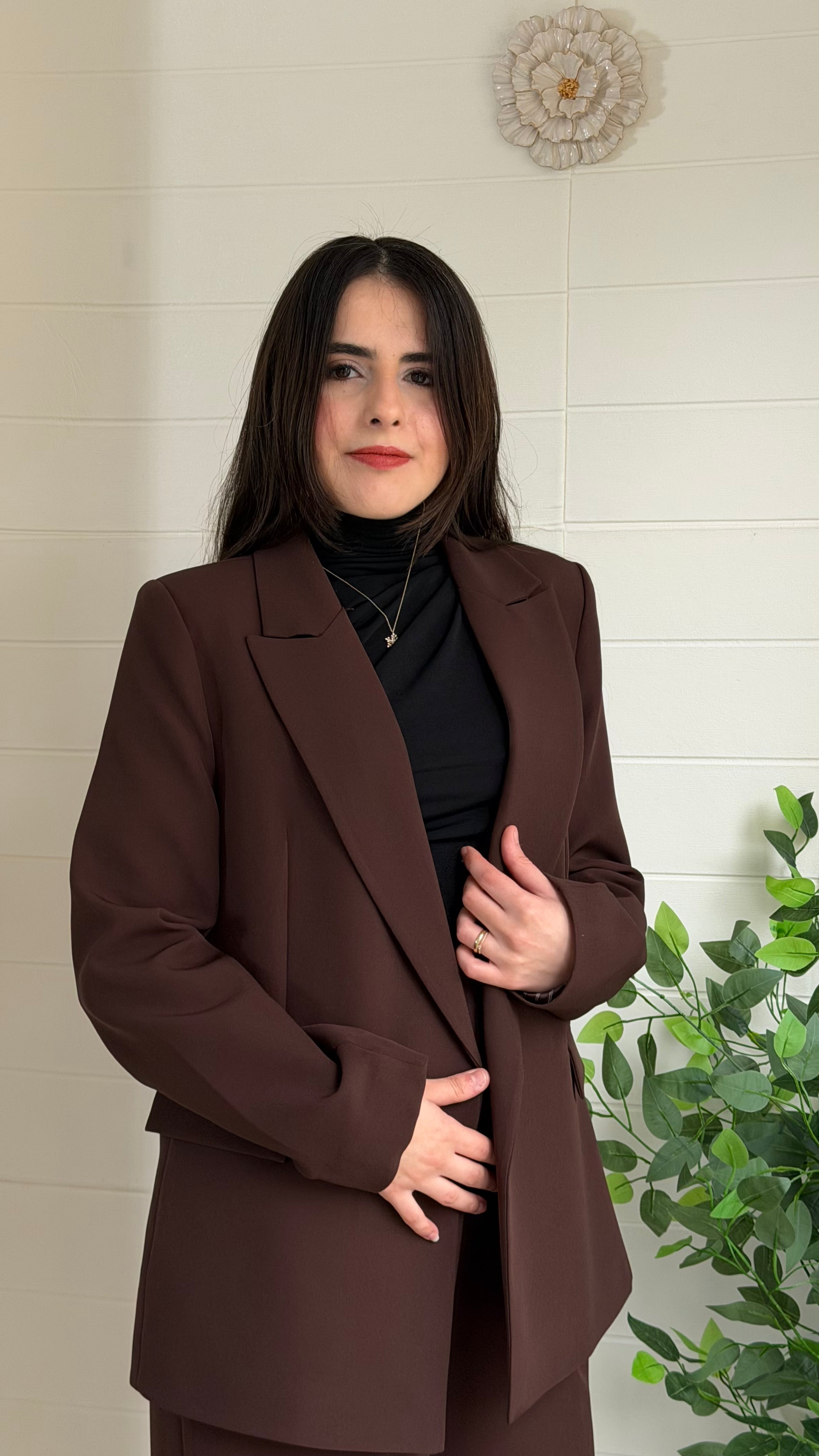 Çizgili Astarlı Blazer Ceket & Pileli Palazzo Pantolon Takım / Kahve