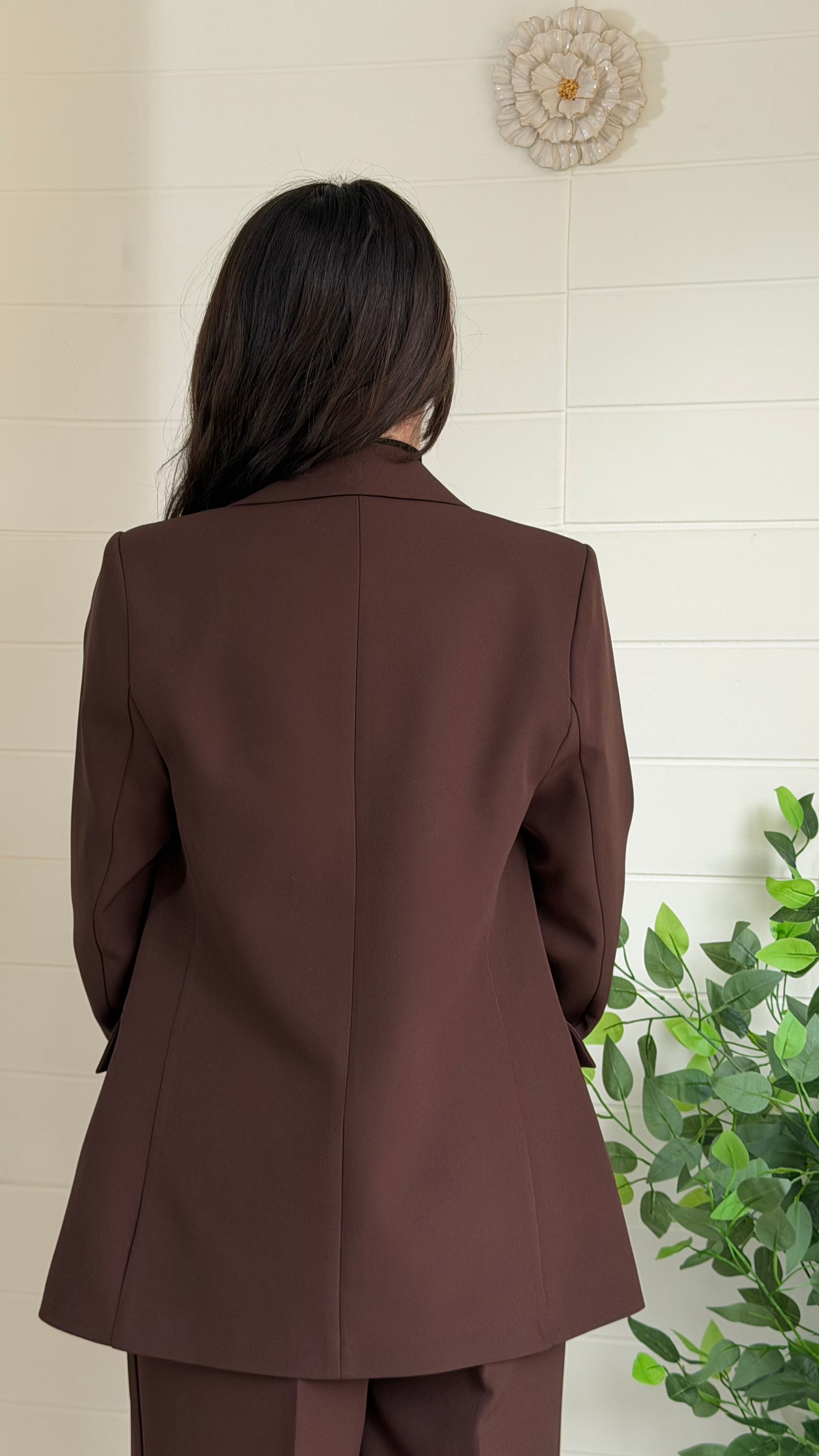 Çizgili Astarlı Blazer Ceket & Pileli Palazzo Pantolon Takım / Kahve