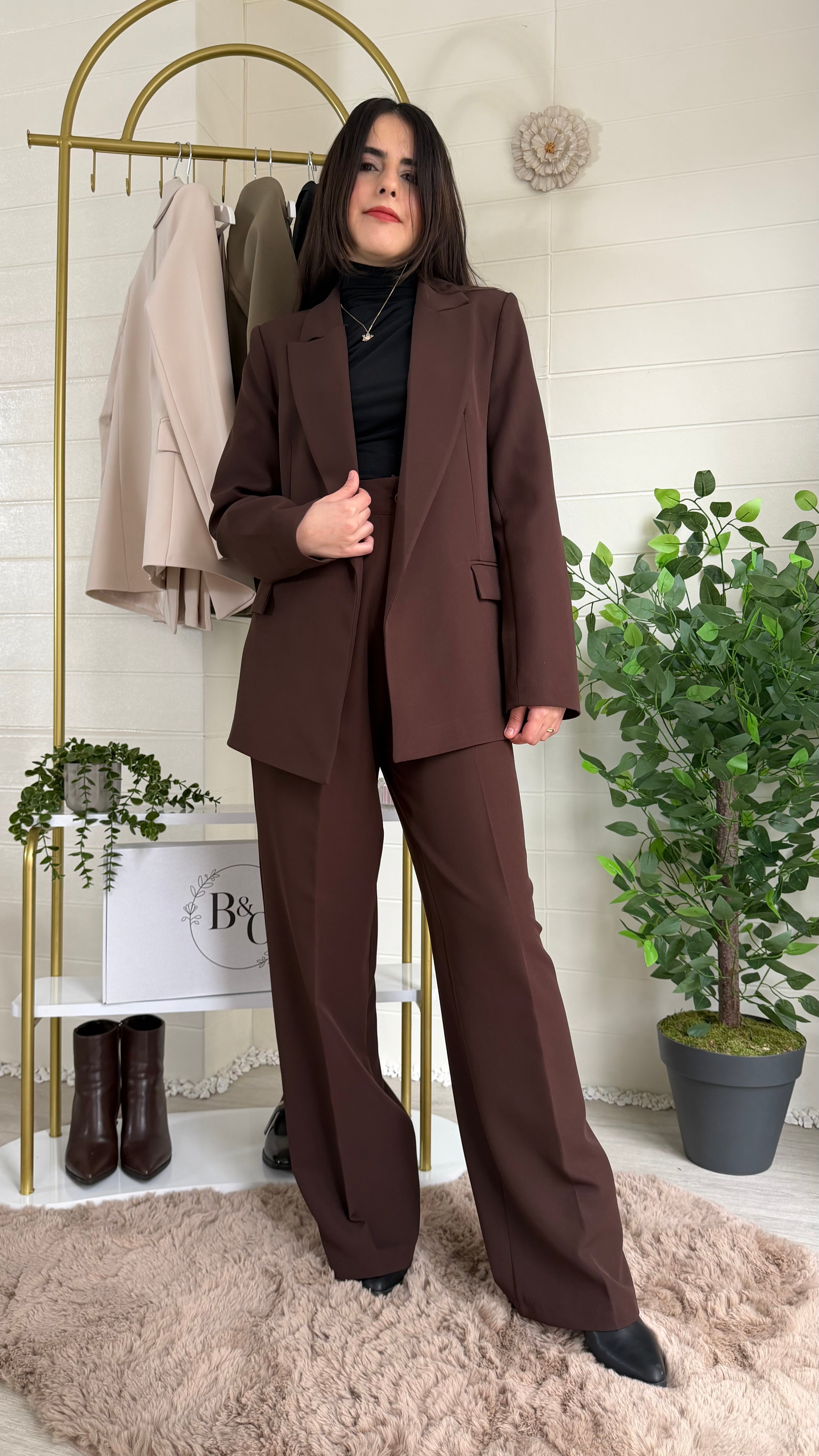 Çizgili Astarlı Blazer Ceket & Pileli Palazzo Pantolon Takım / Kahve