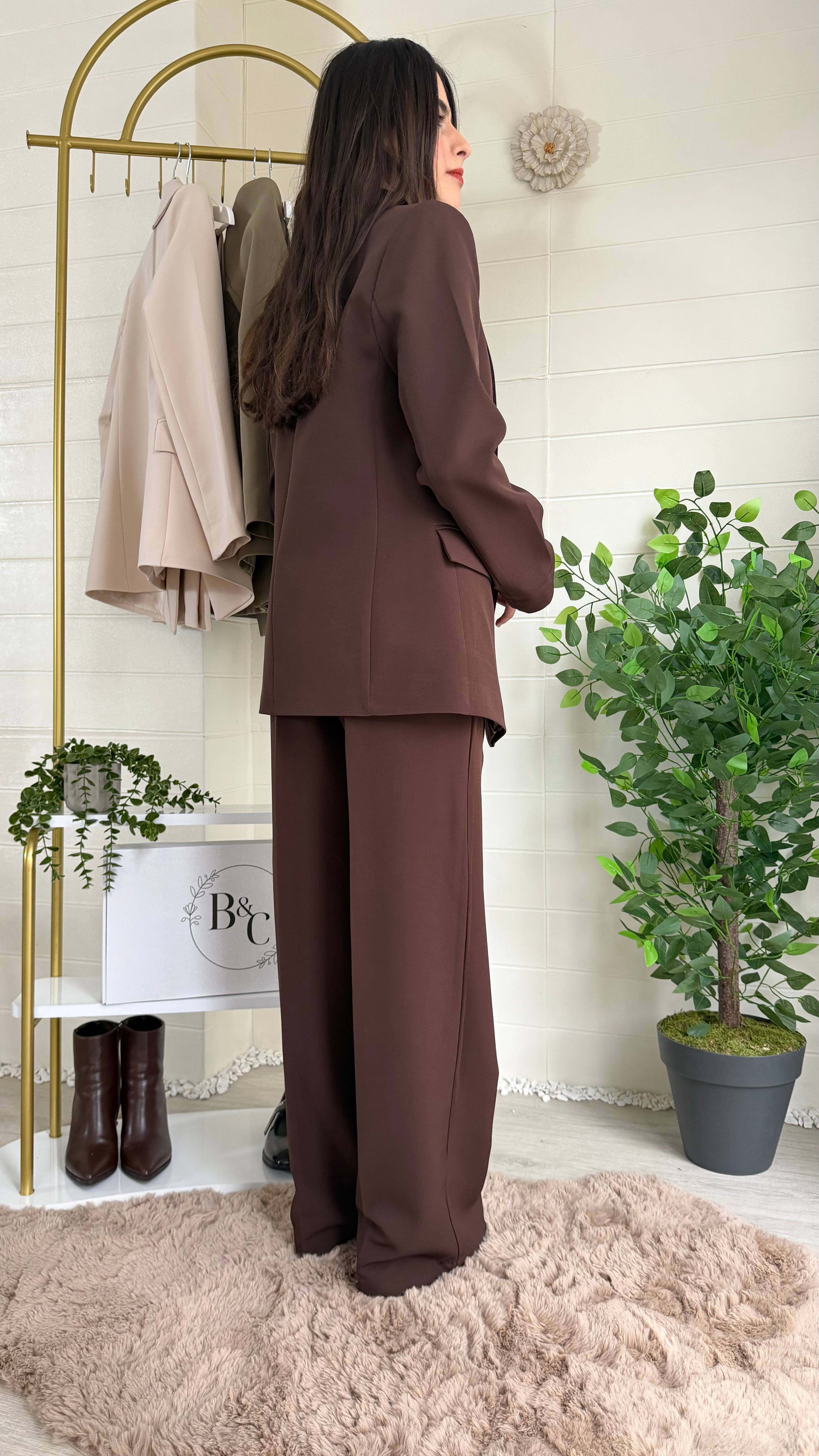 Çizgili Astarlı Blazer Ceket & Pileli Palazzo Pantolon Takım / Kahve