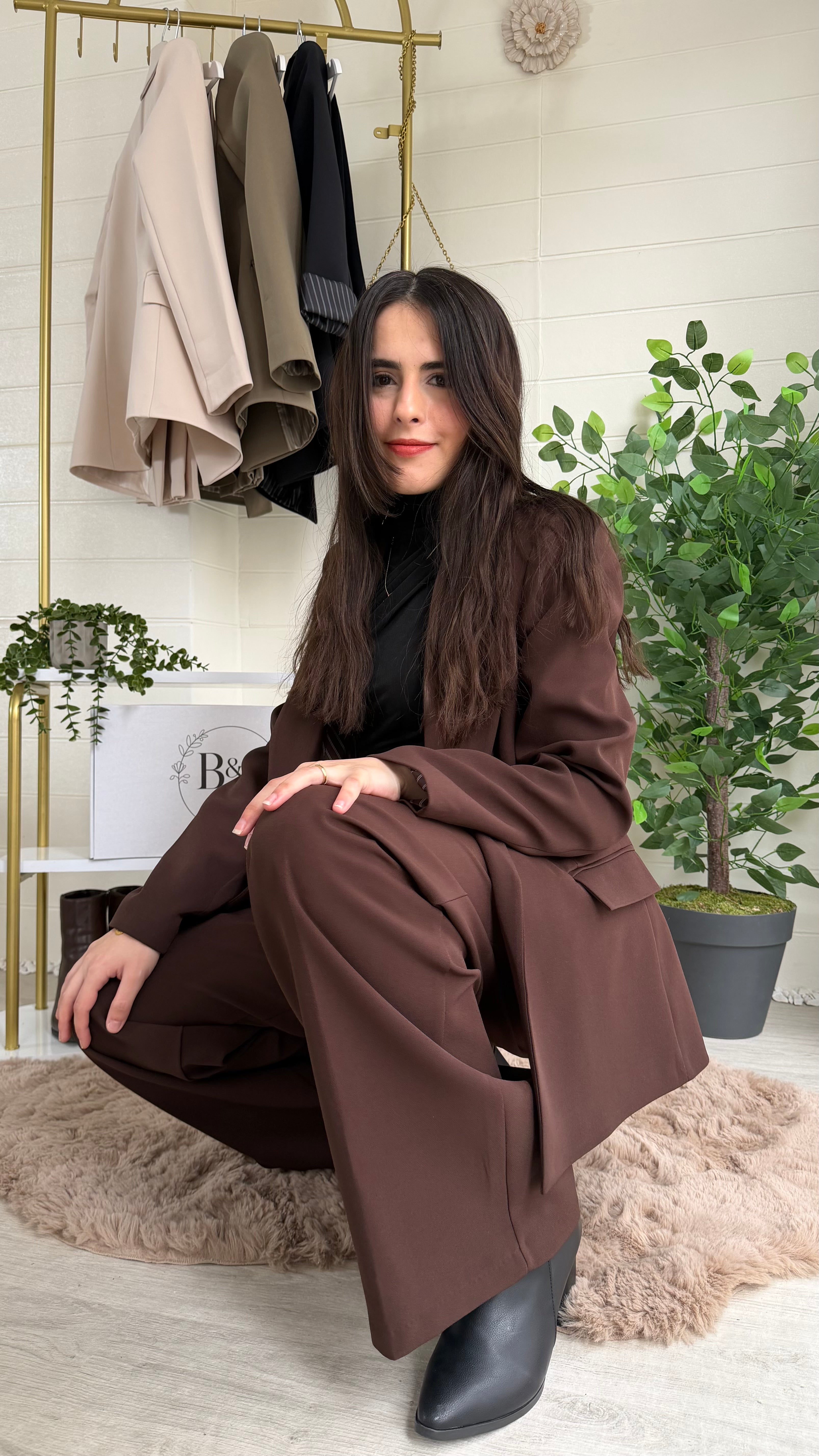 Çizgili Astarlı Blazer Ceket & Pileli Palazzo Pantolon Takım / Kahve