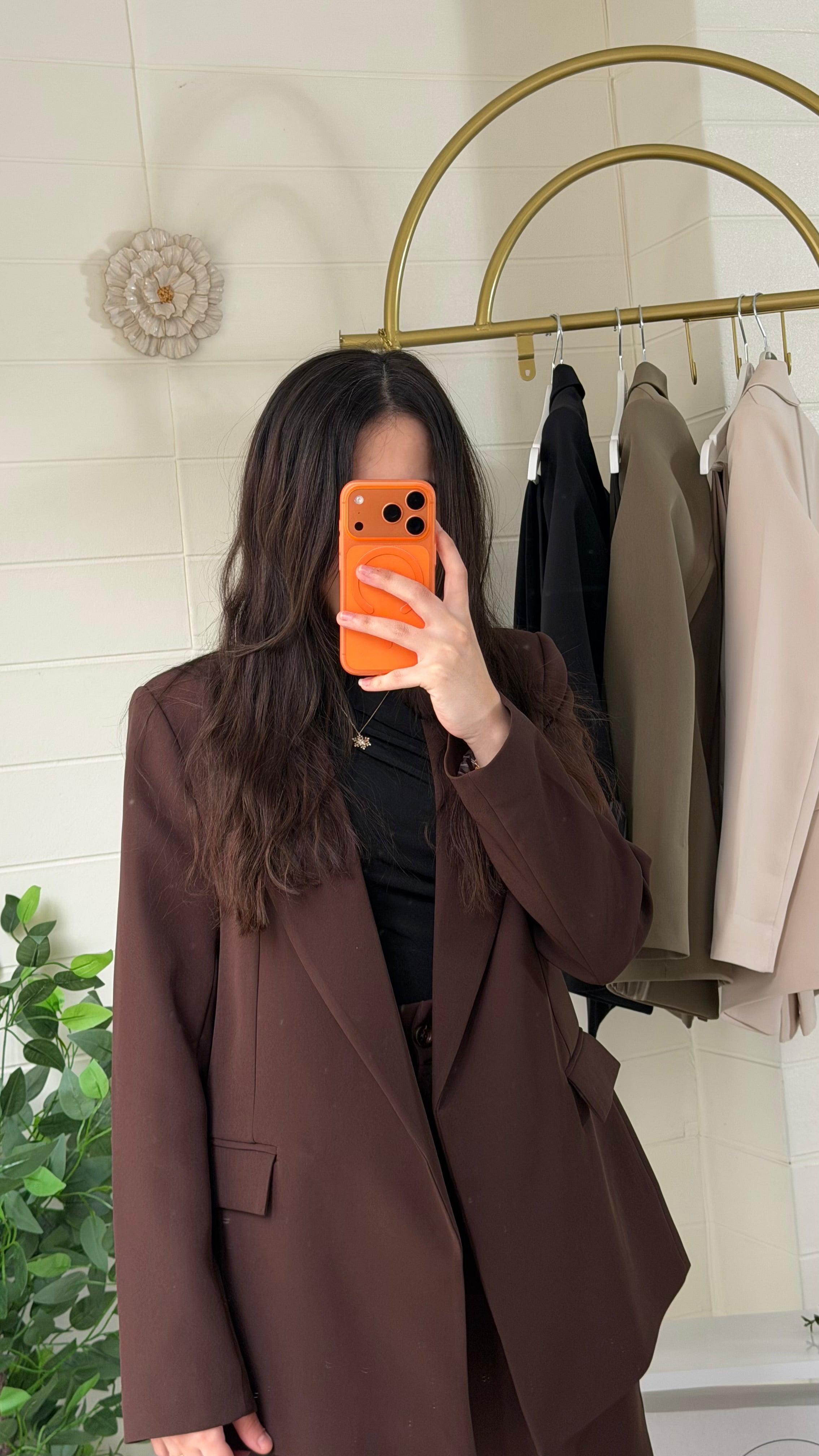 Çizgili Astarlı Blazer Ceket & Pileli Palazzo Pantolon Takım / Kahve