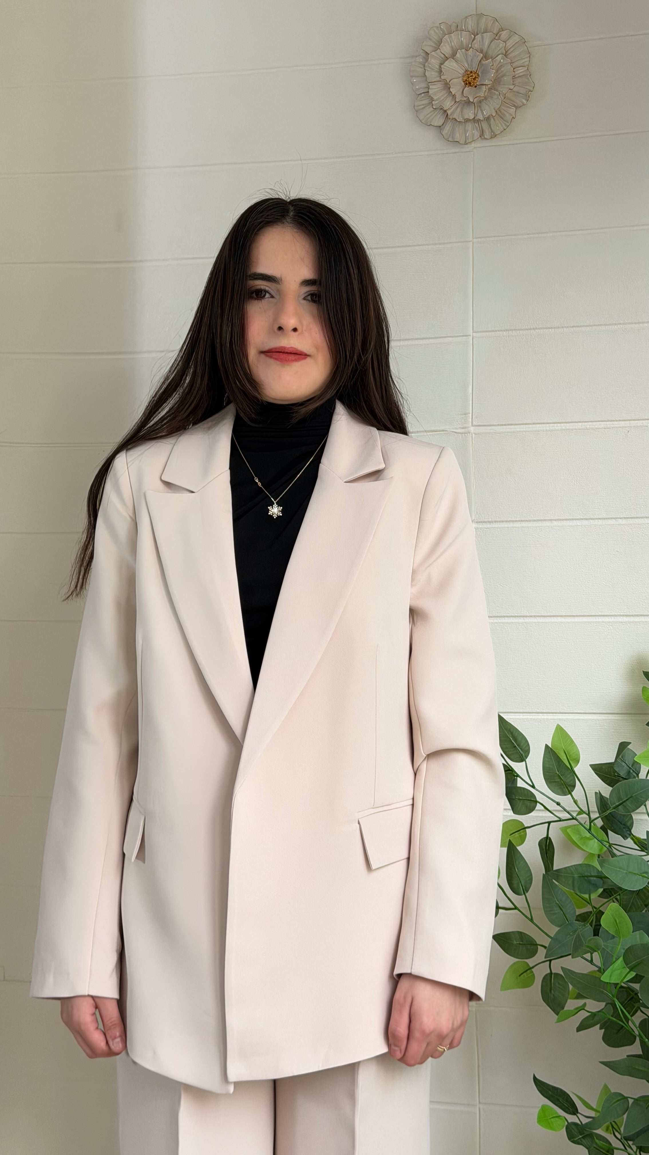 Çizgili Astarlı Blazer Ceket & Pileli Palazzo Pantolon Takım / Bej
