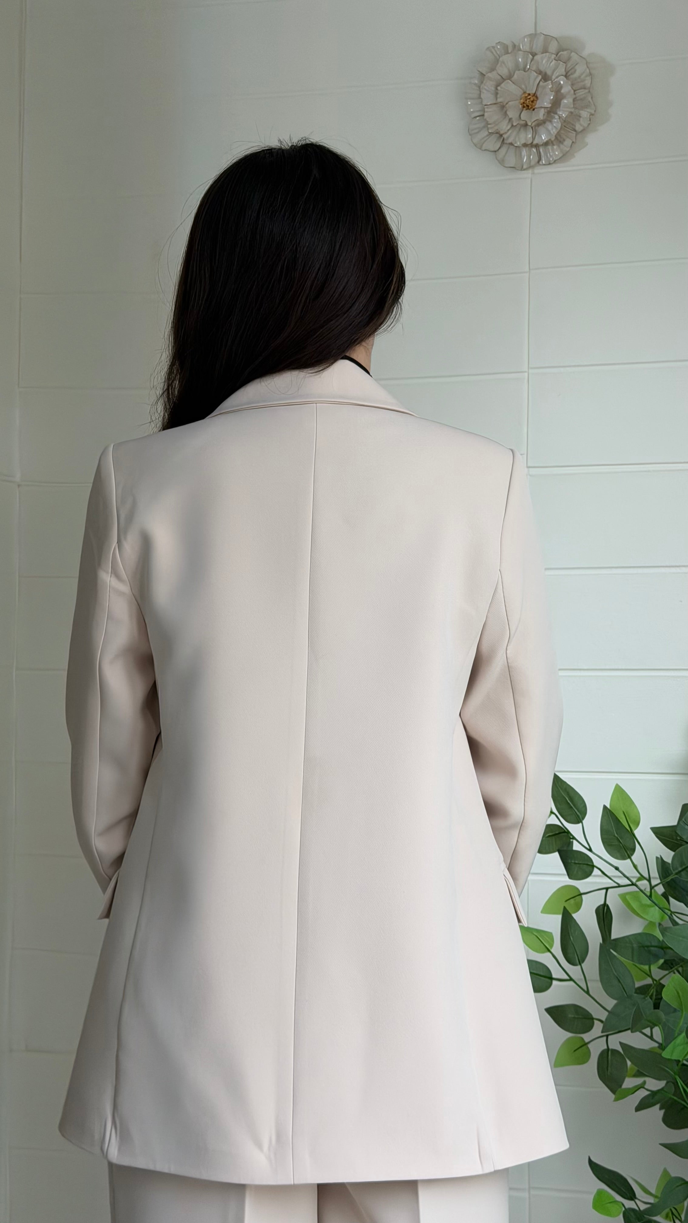 Çizgili Astarlı Blazer Ceket & Pileli Palazzo Pantolon Takım / Bej