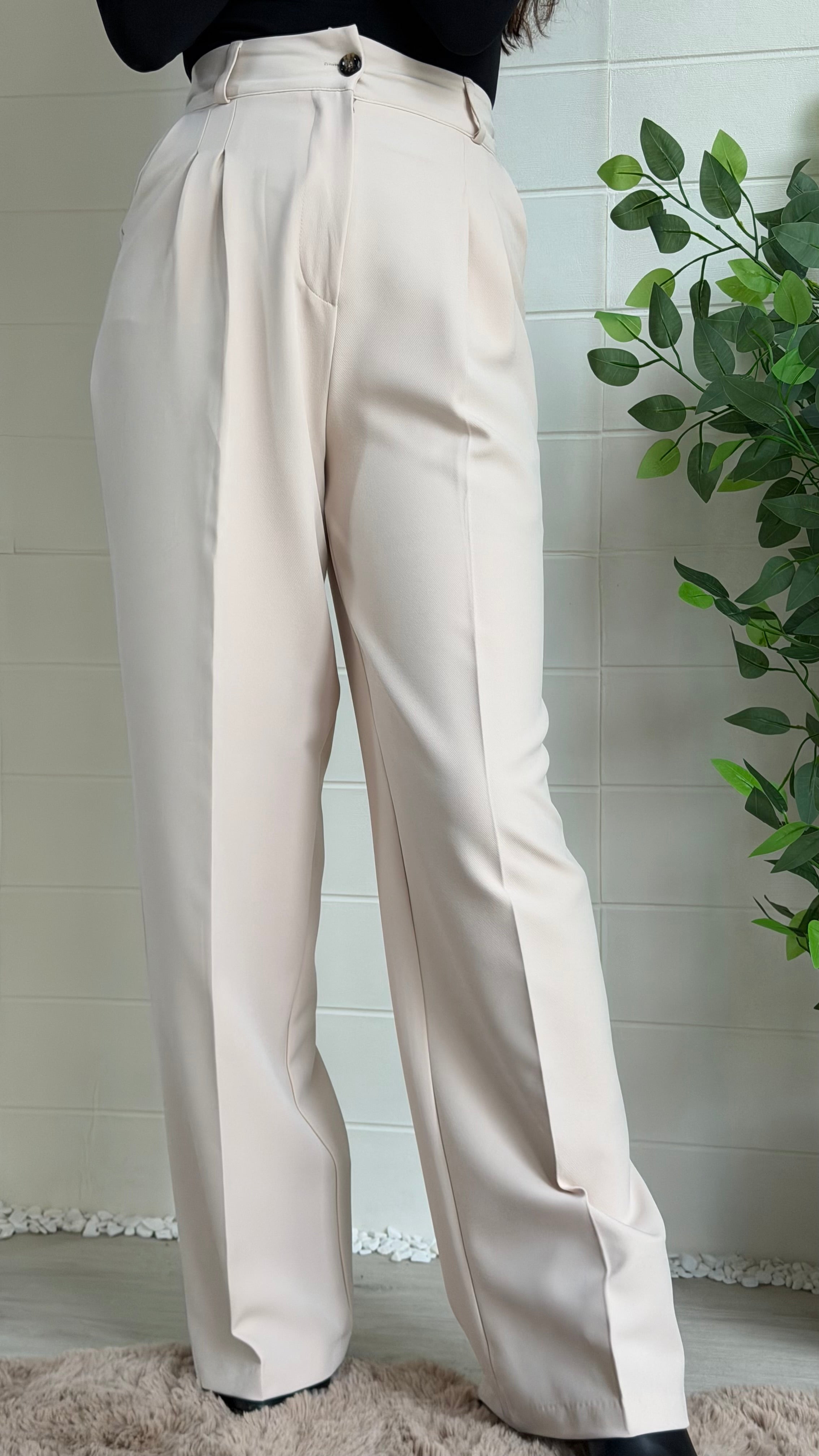 Çizgili Astarlı Blazer Ceket & Pileli Palazzo Pantolon Takım / Bej