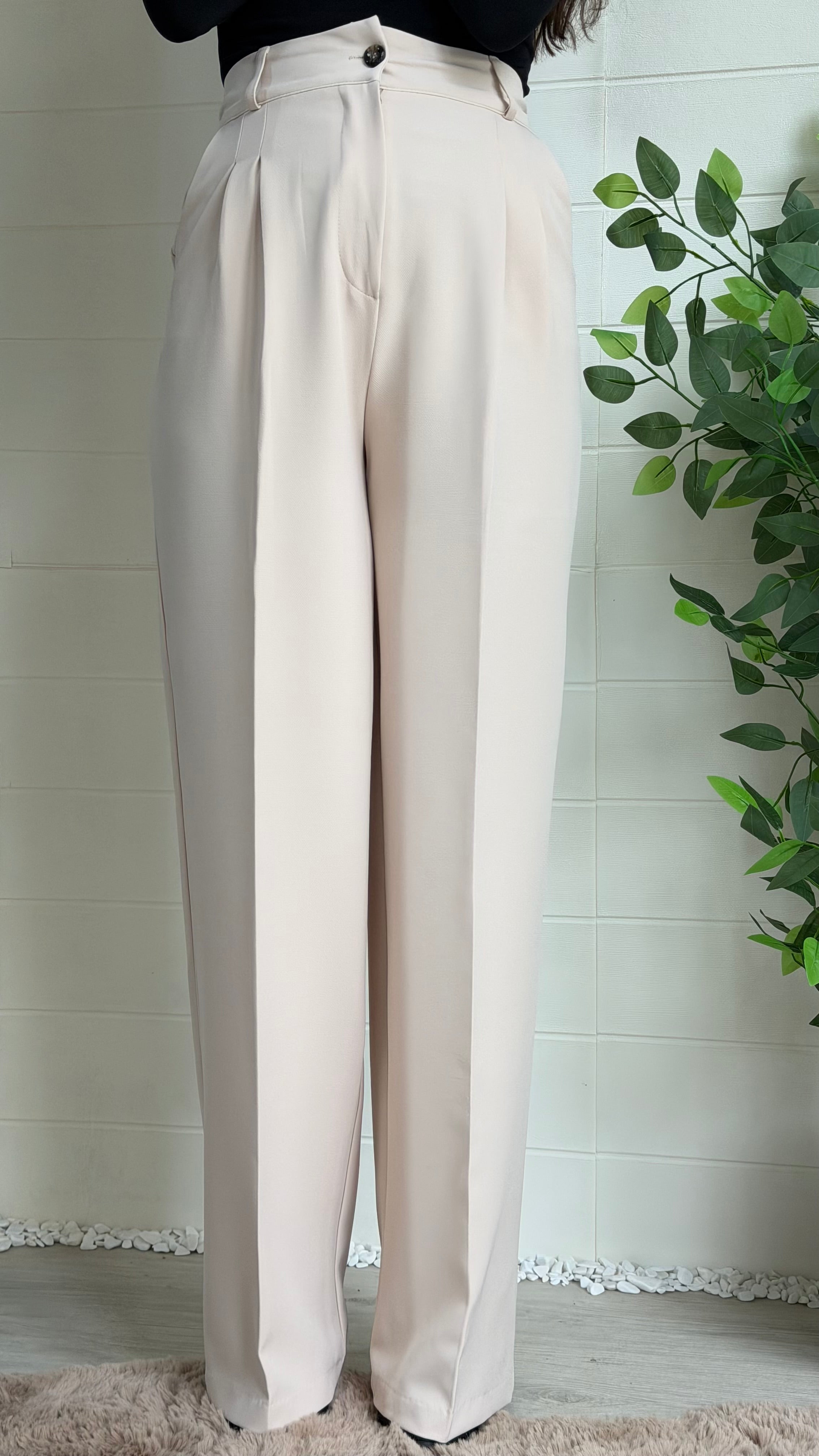 Çizgili Astarlı Blazer Ceket & Pileli Palazzo Pantolon Takım / Bej