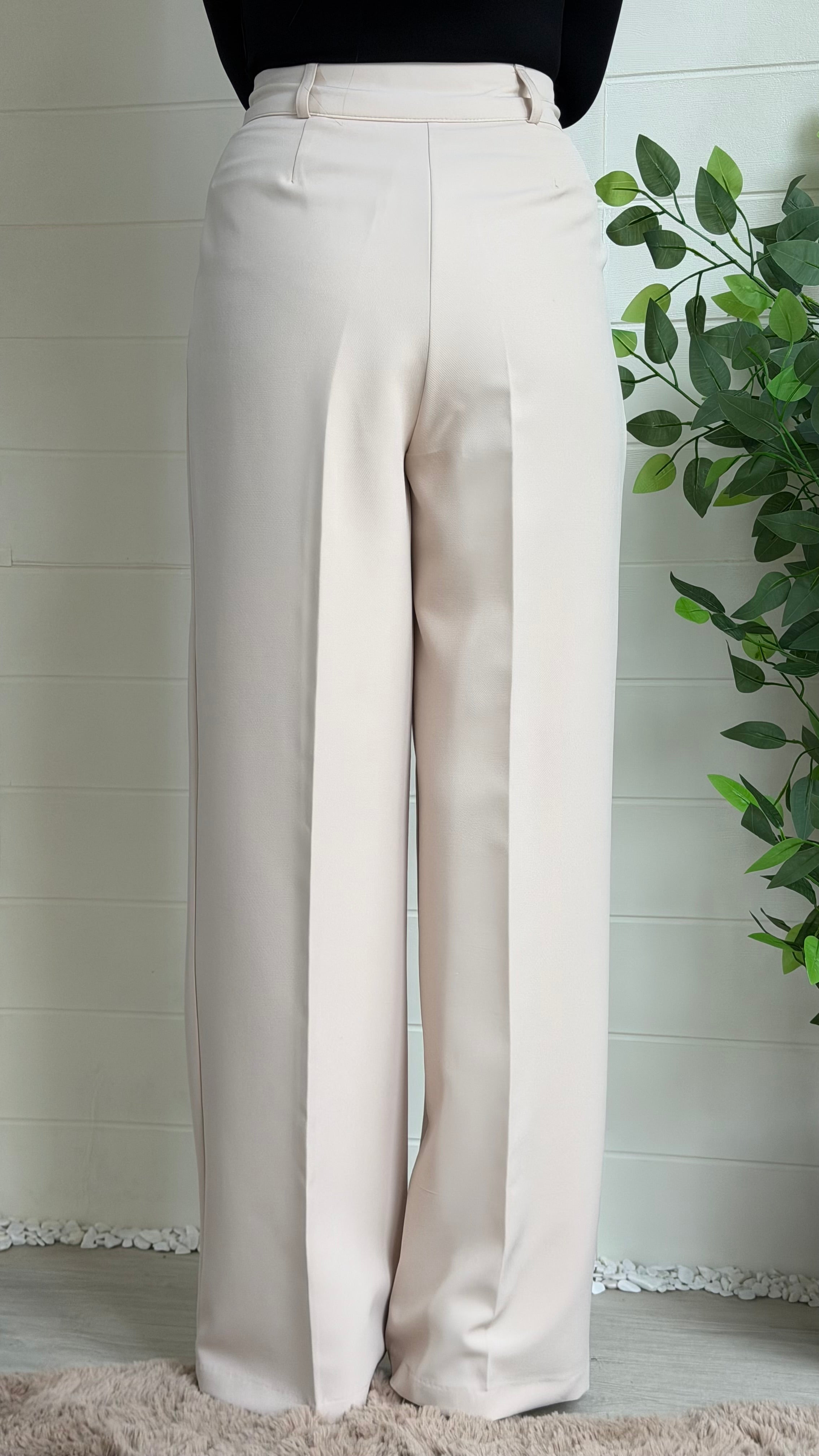 Çizgili Astarlı Blazer Ceket & Pileli Palazzo Pantolon Takım / Bej