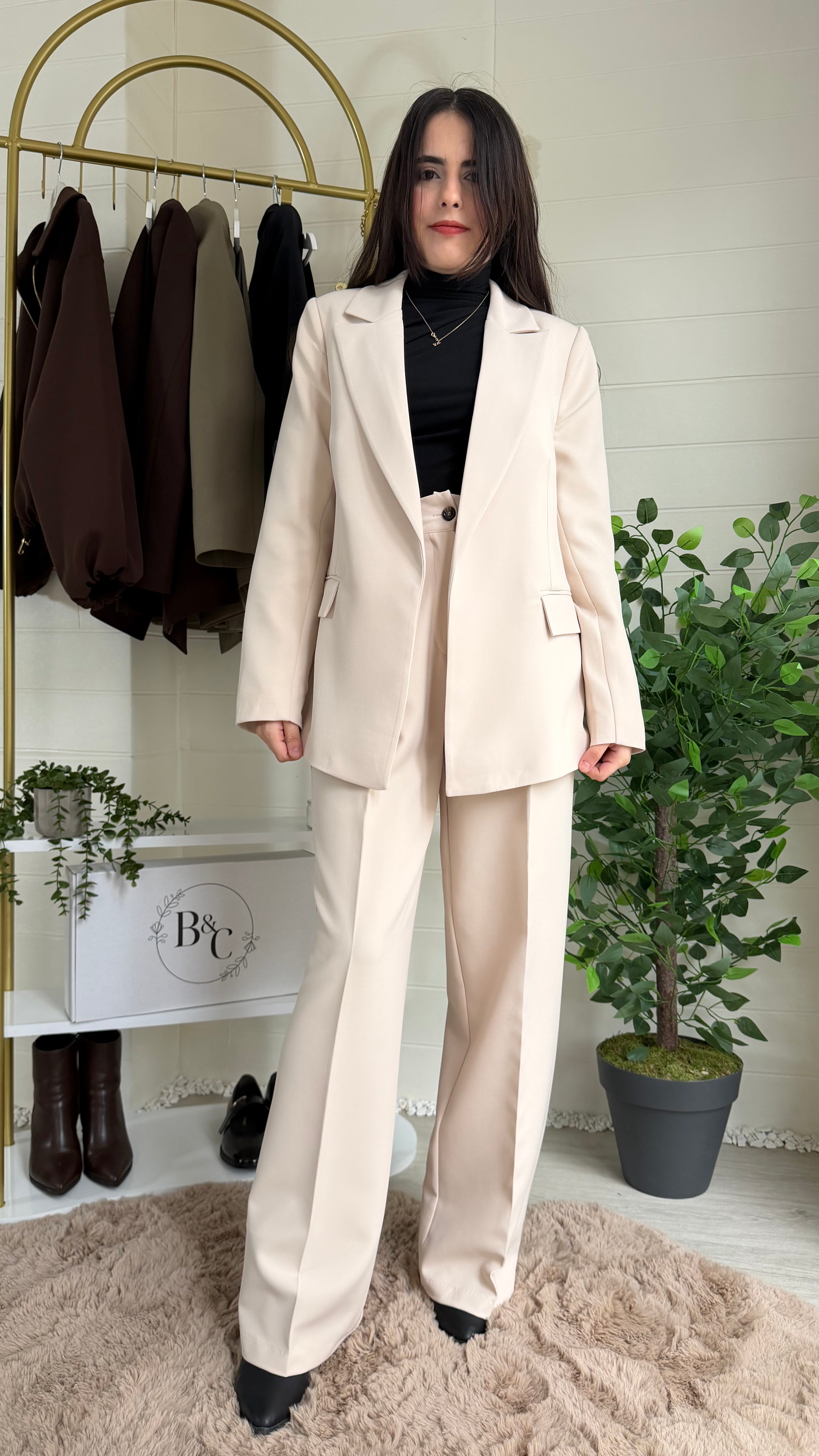Çizgili Astarlı Blazer Ceket & Pileli Palazzo Pantolon Takım / Bej