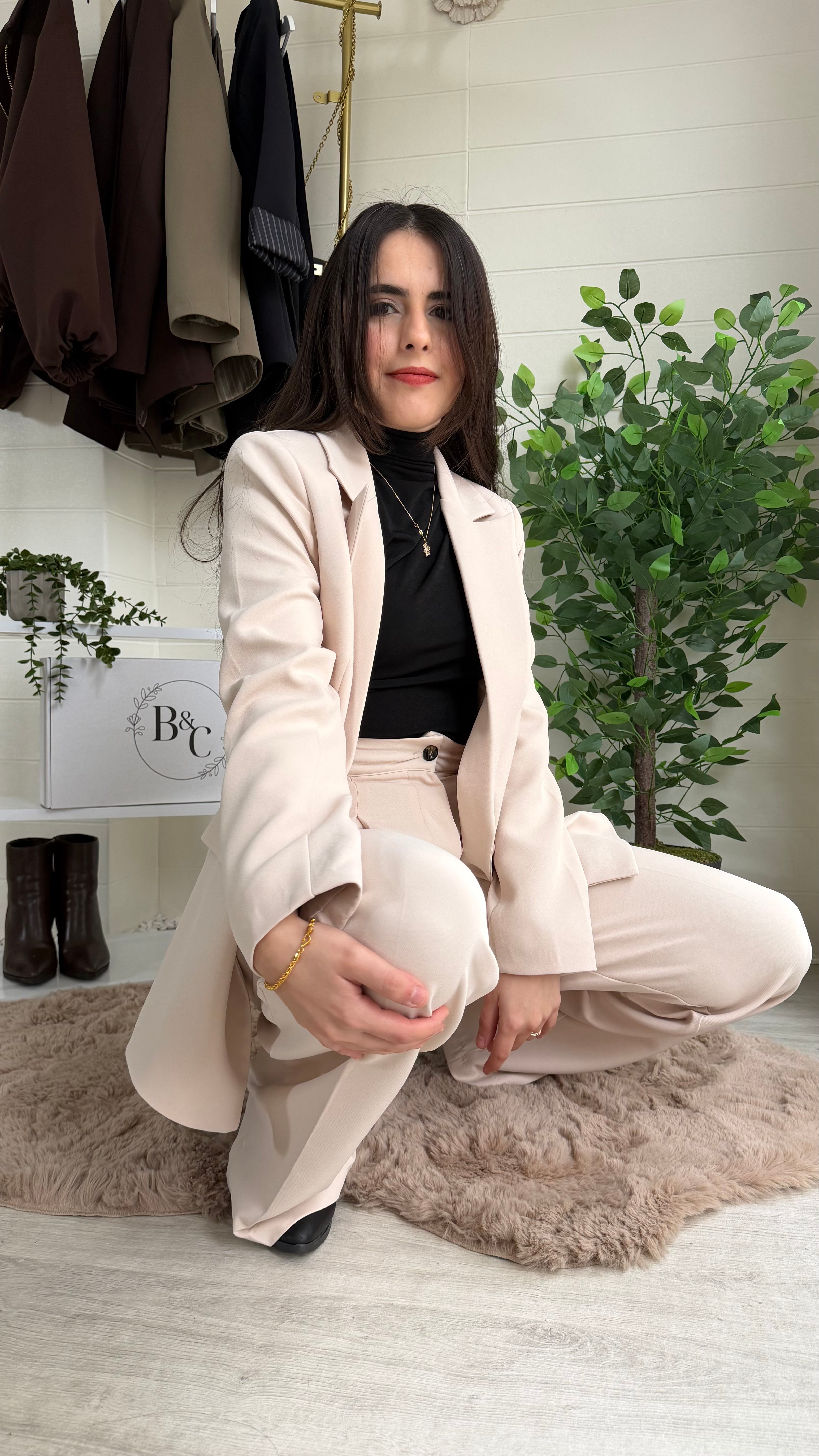 Çizgili Astarlı Blazer Ceket & Pileli Palazzo Pantolon Takım / Bej