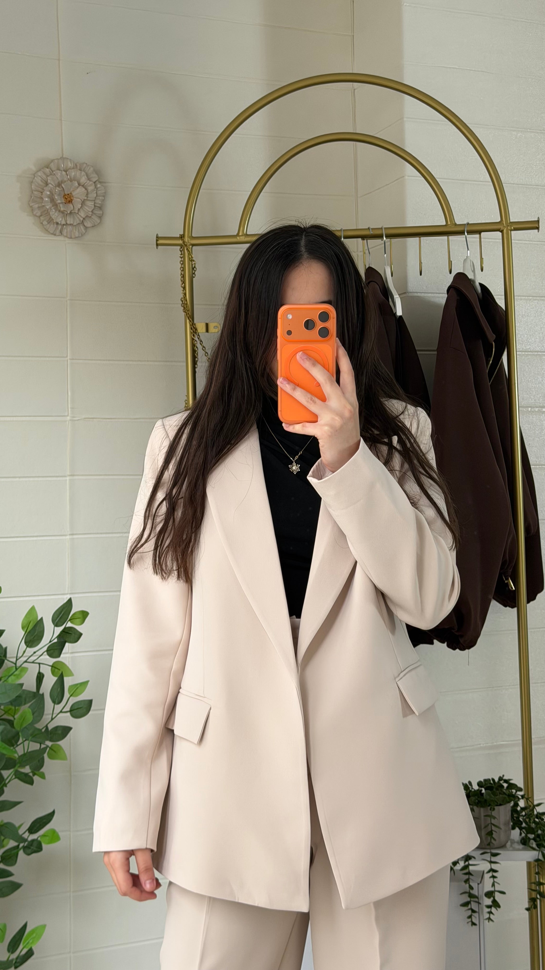 Çizgili Astarlı Blazer Ceket & Pileli Palazzo Pantolon Takım / Bej