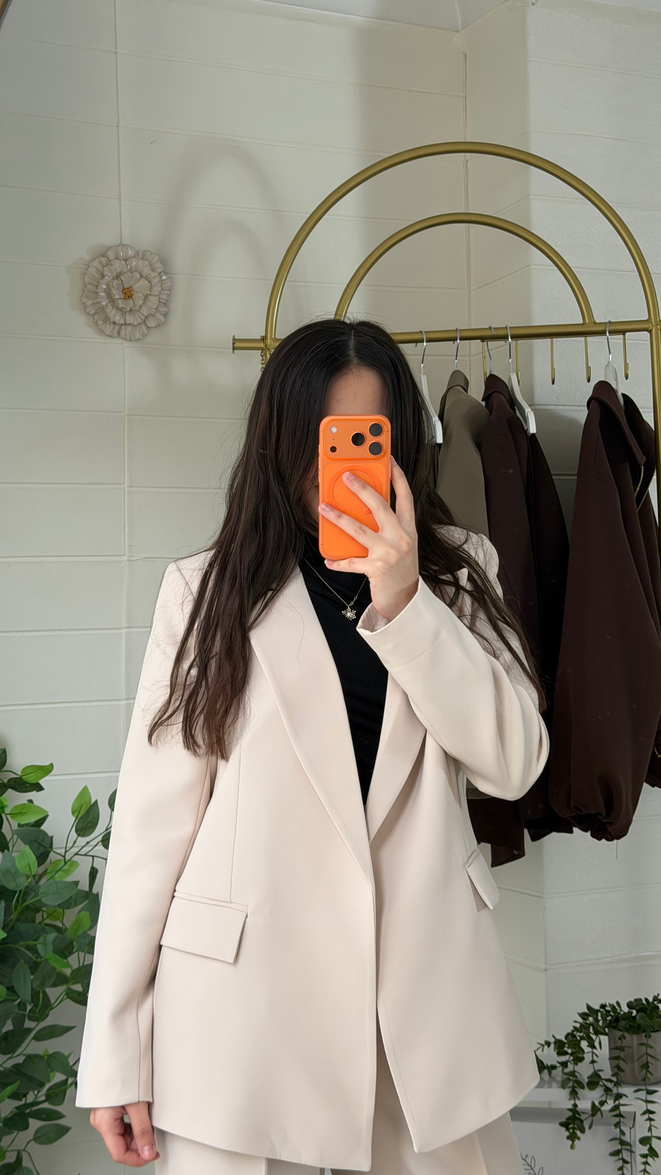 Çizgili Astarlı Blazer Ceket & Pileli Palazzo Pantolon Takım / Bej