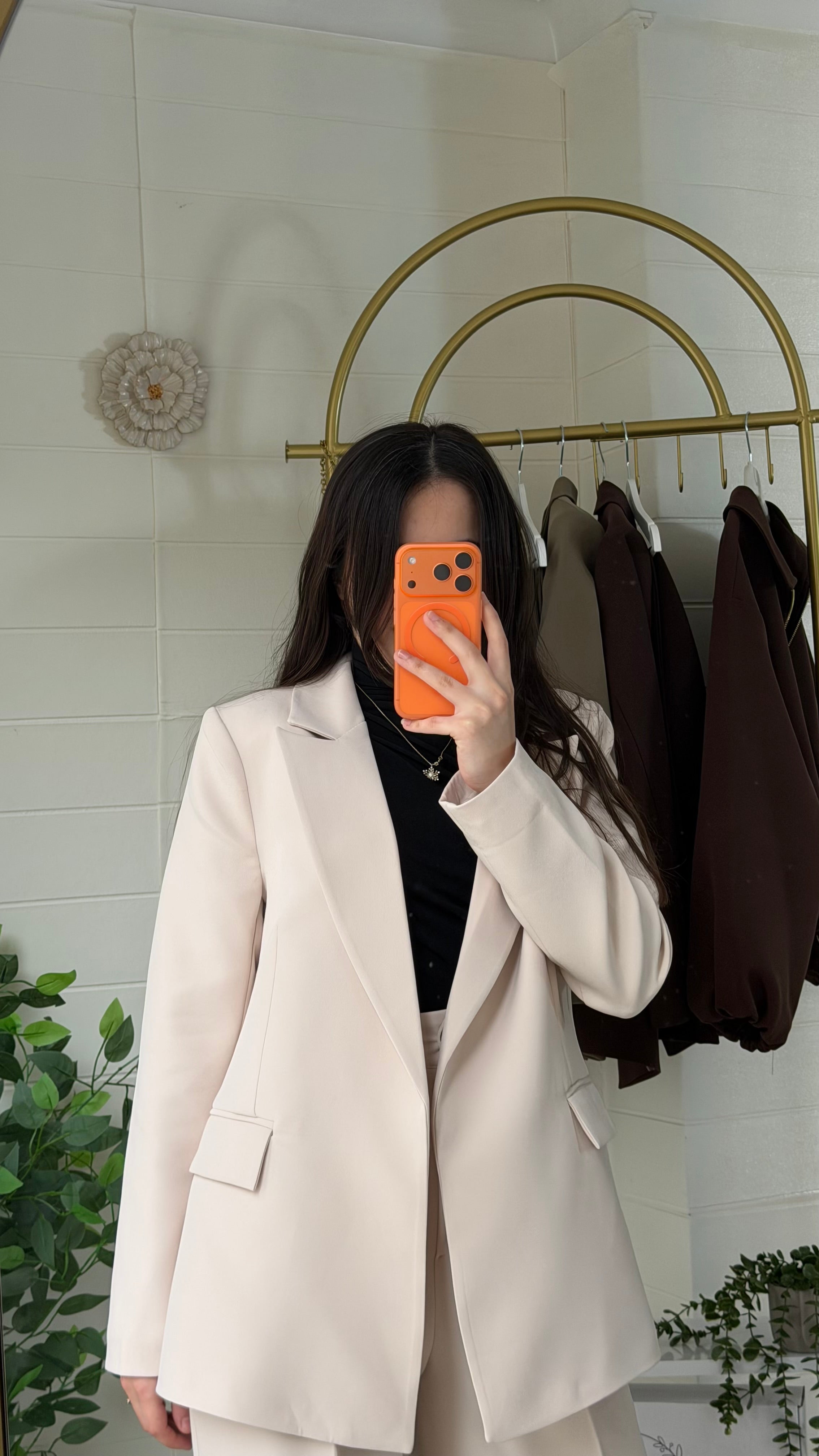 Çizgili Astarlı Blazer Ceket & Pileli Palazzo Pantolon Takım / Bej