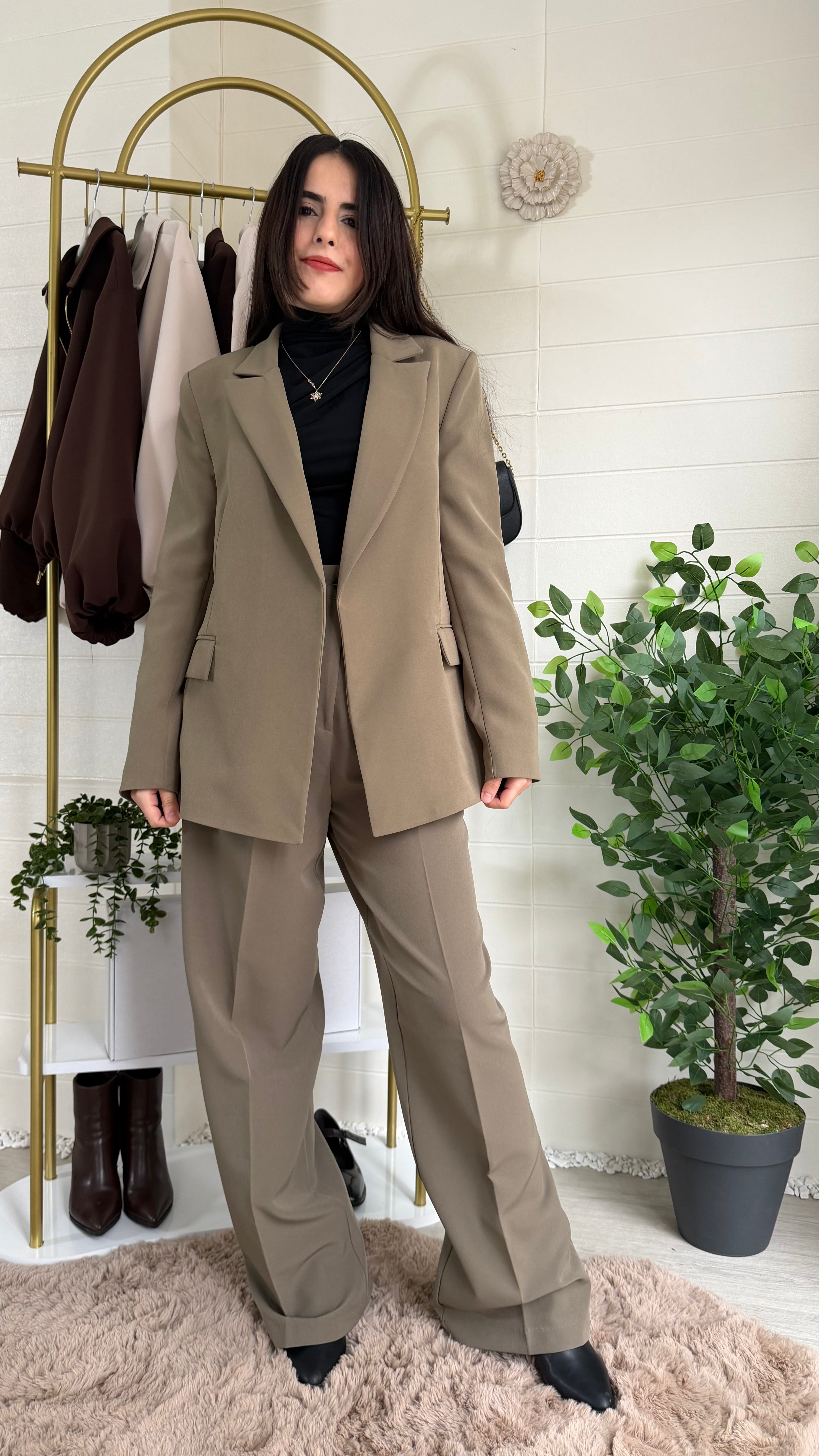 Çizgili Astarlı Blazer Ceket & Pileli Palazzo Pantolon Takım / Yeşil