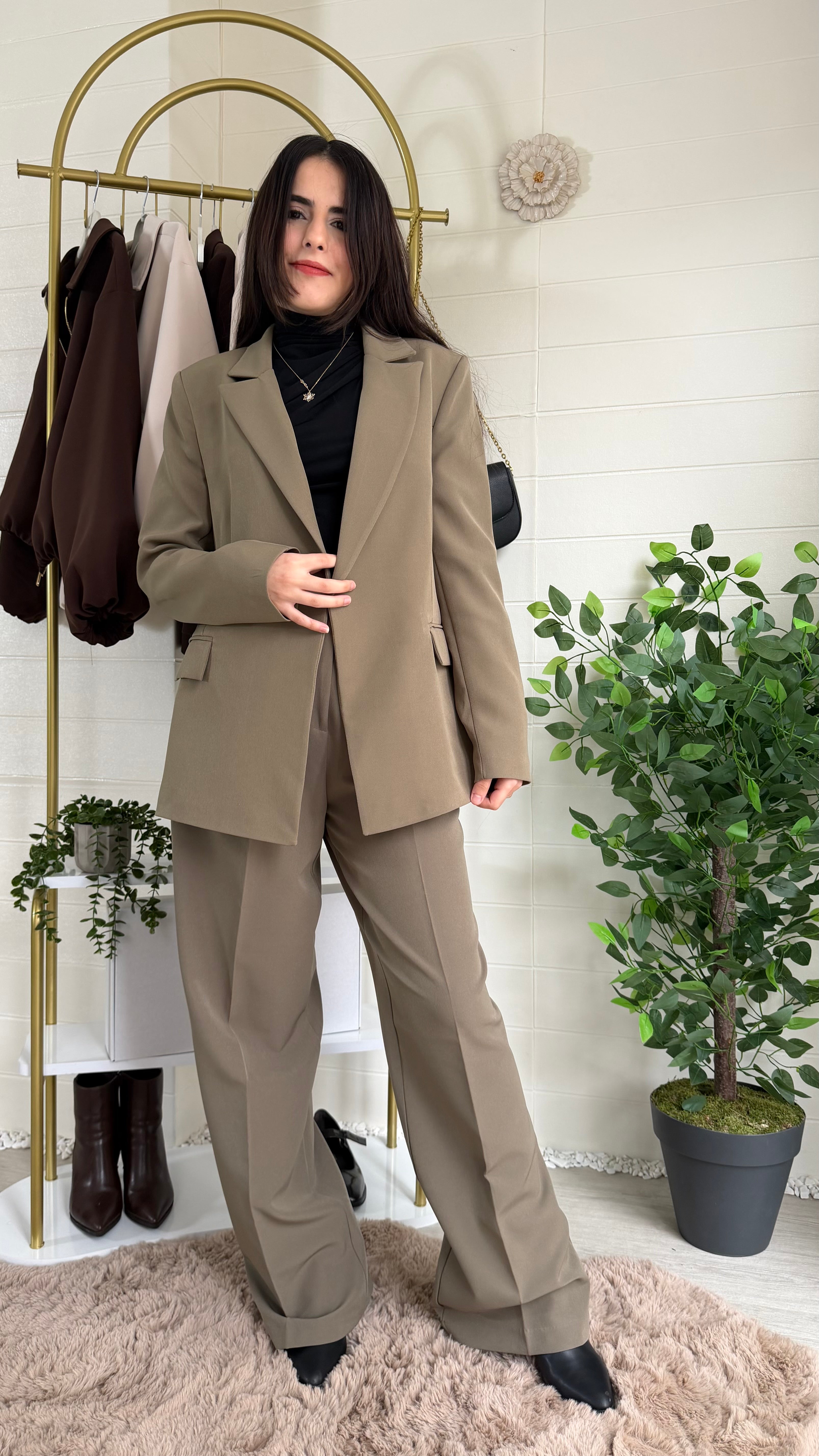Çizgili Astarlı Blazer Ceket & Pileli Palazzo Pantolon Takım / Yeşil