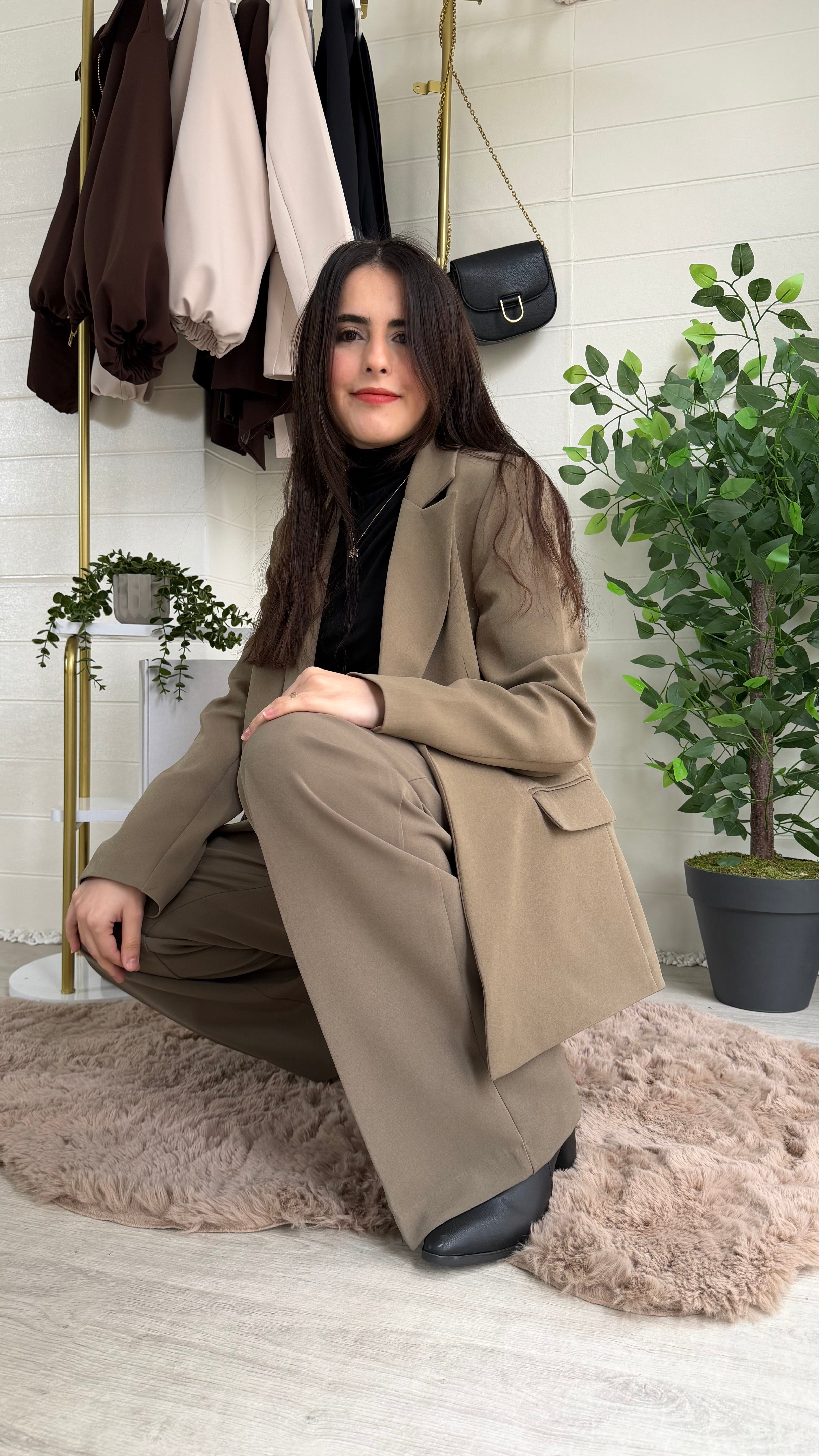 Çizgili Astarlı Blazer Ceket & Pileli Palazzo Pantolon Takım / Yeşil