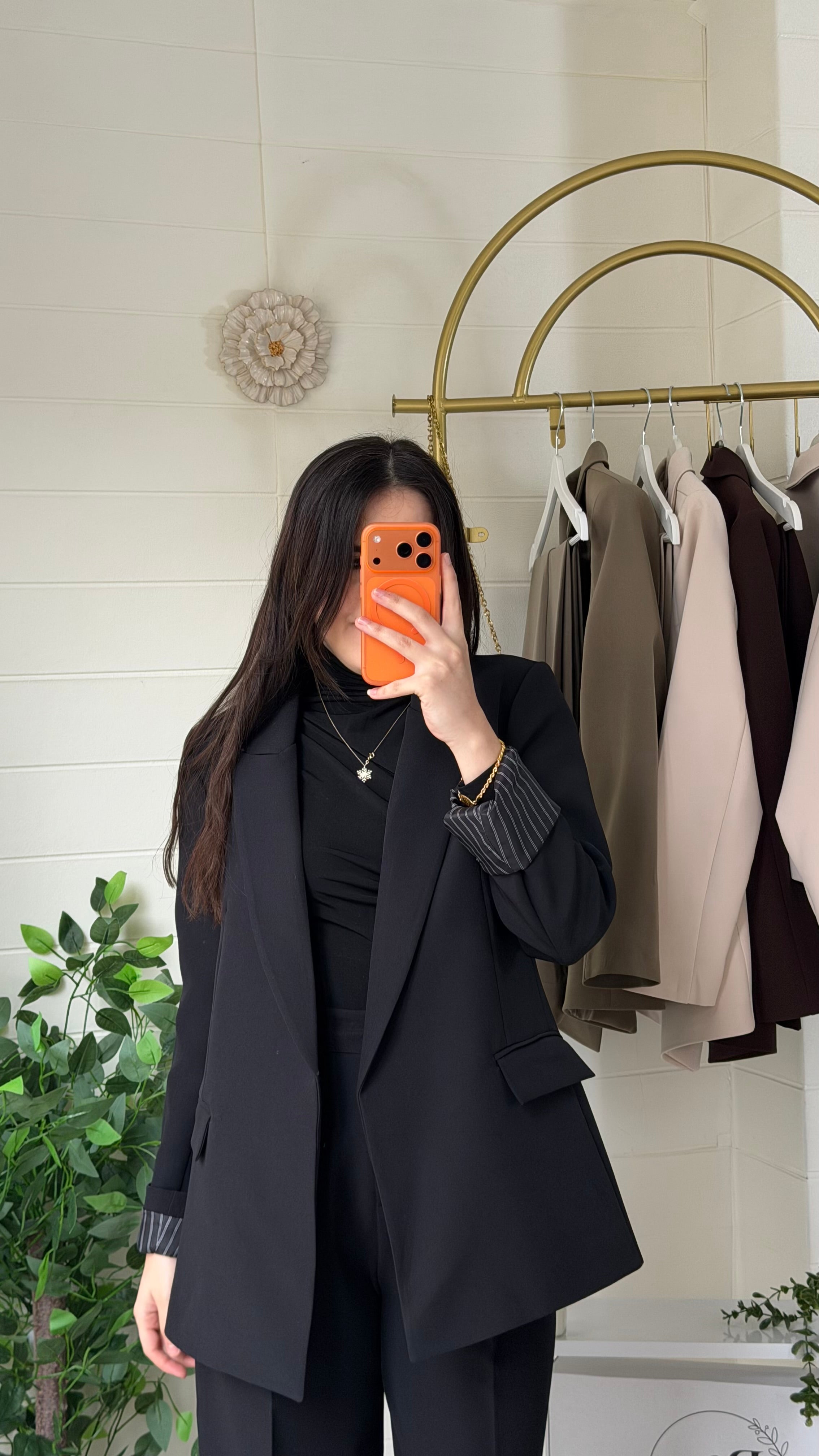 Çizgili Astarlı Blazer Ceket & Pileli Palazzo Pantolon Takım / Siyah