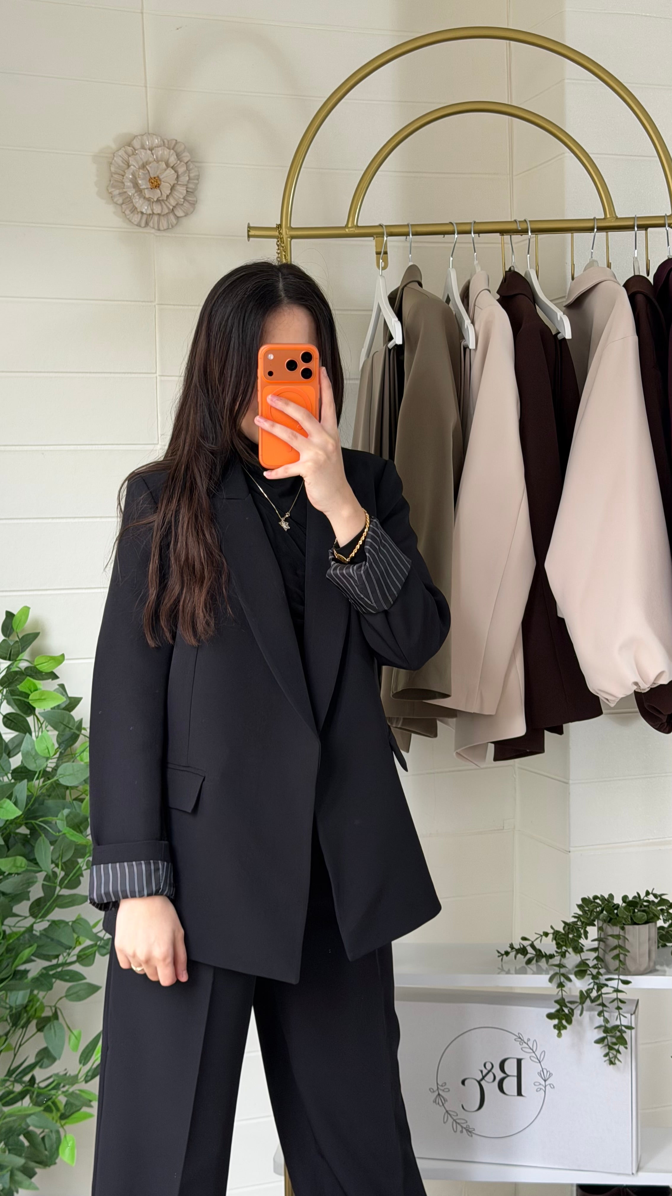 Çizgili Astarlı Blazer Ceket & Pileli Palazzo Pantolon Takım / Siyah