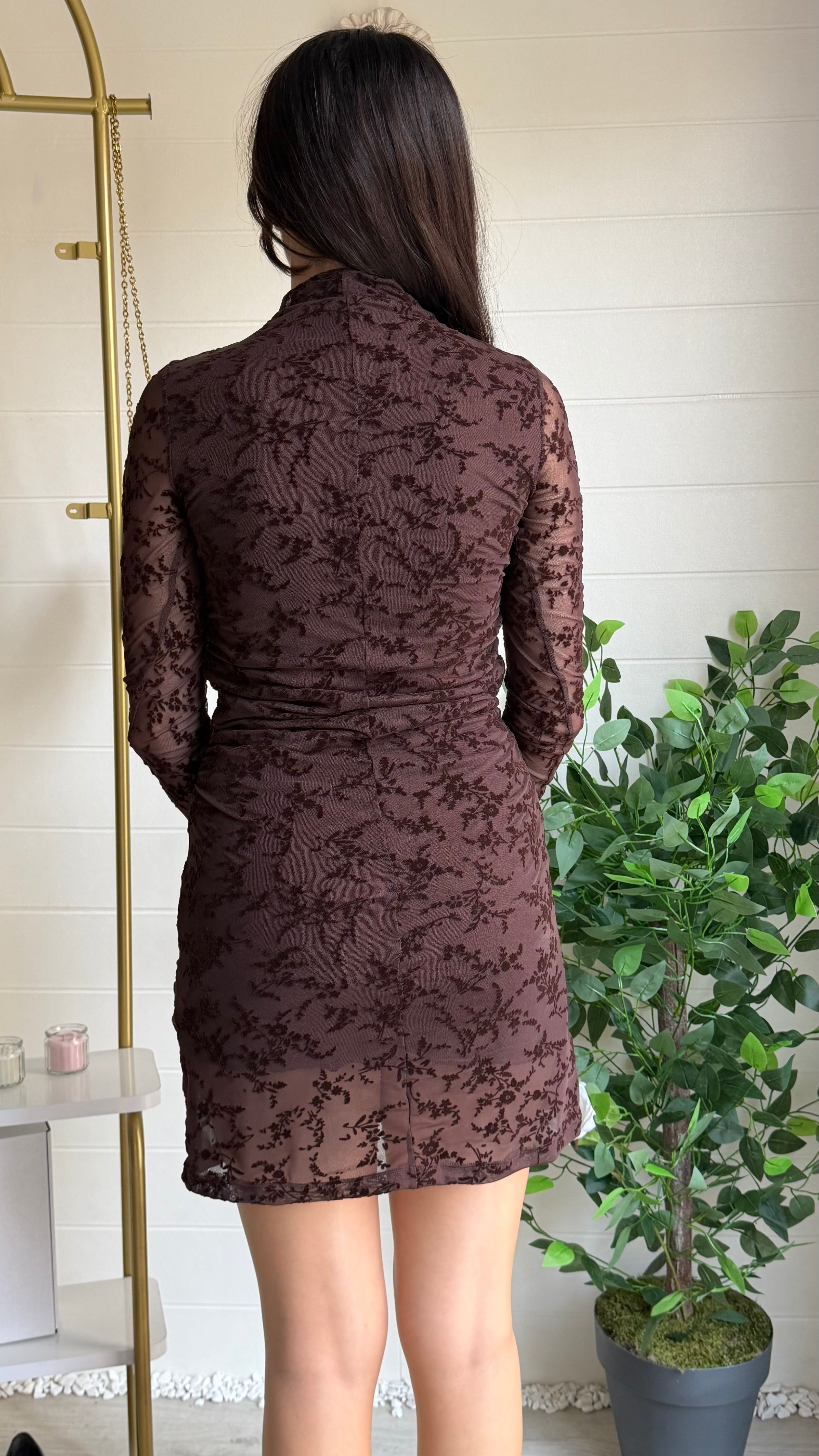 Çiçekli Mini Flok Baskı Elbise