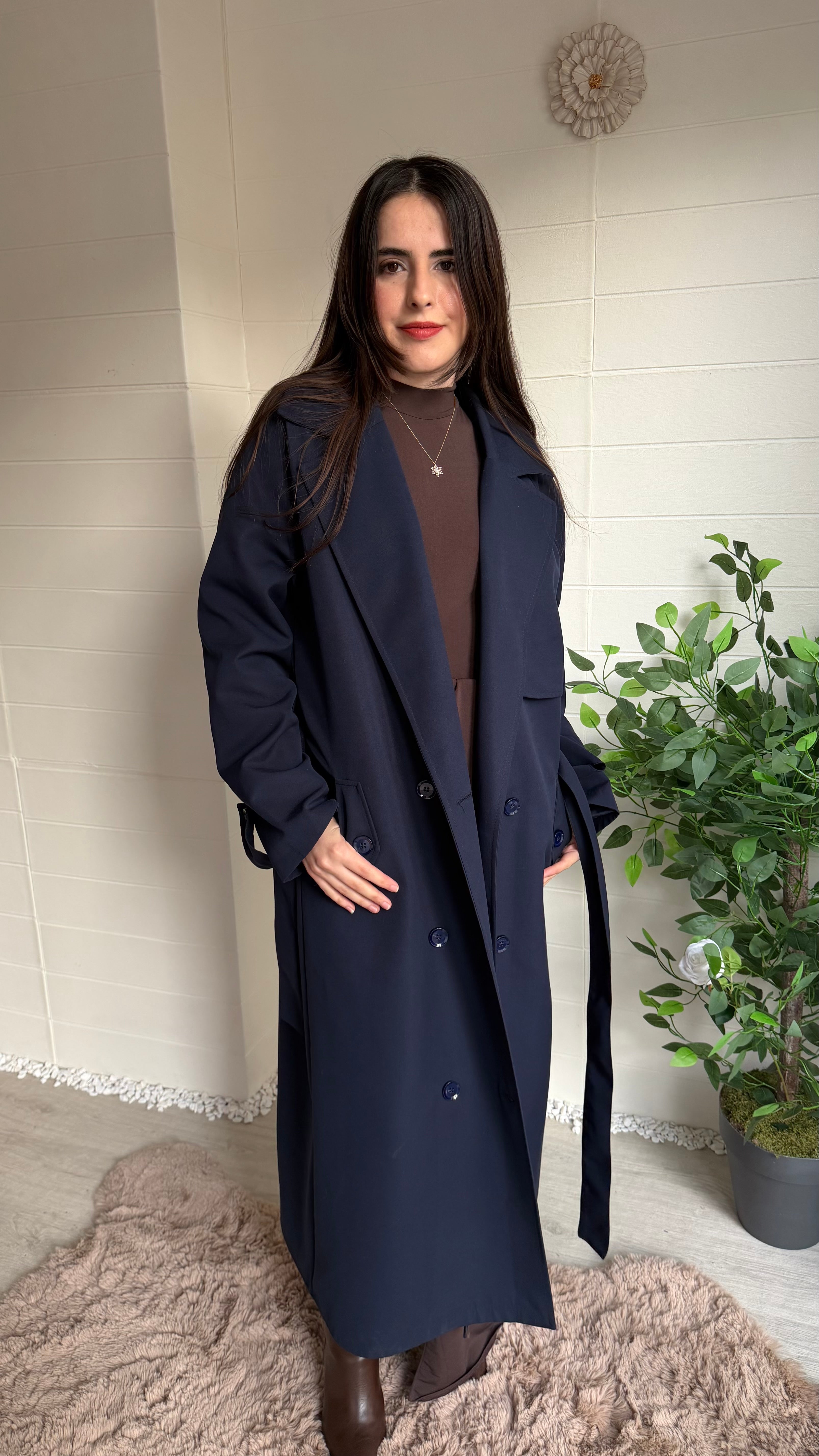 Uzun Düğmeli Sırtı Pelerin Trençkot