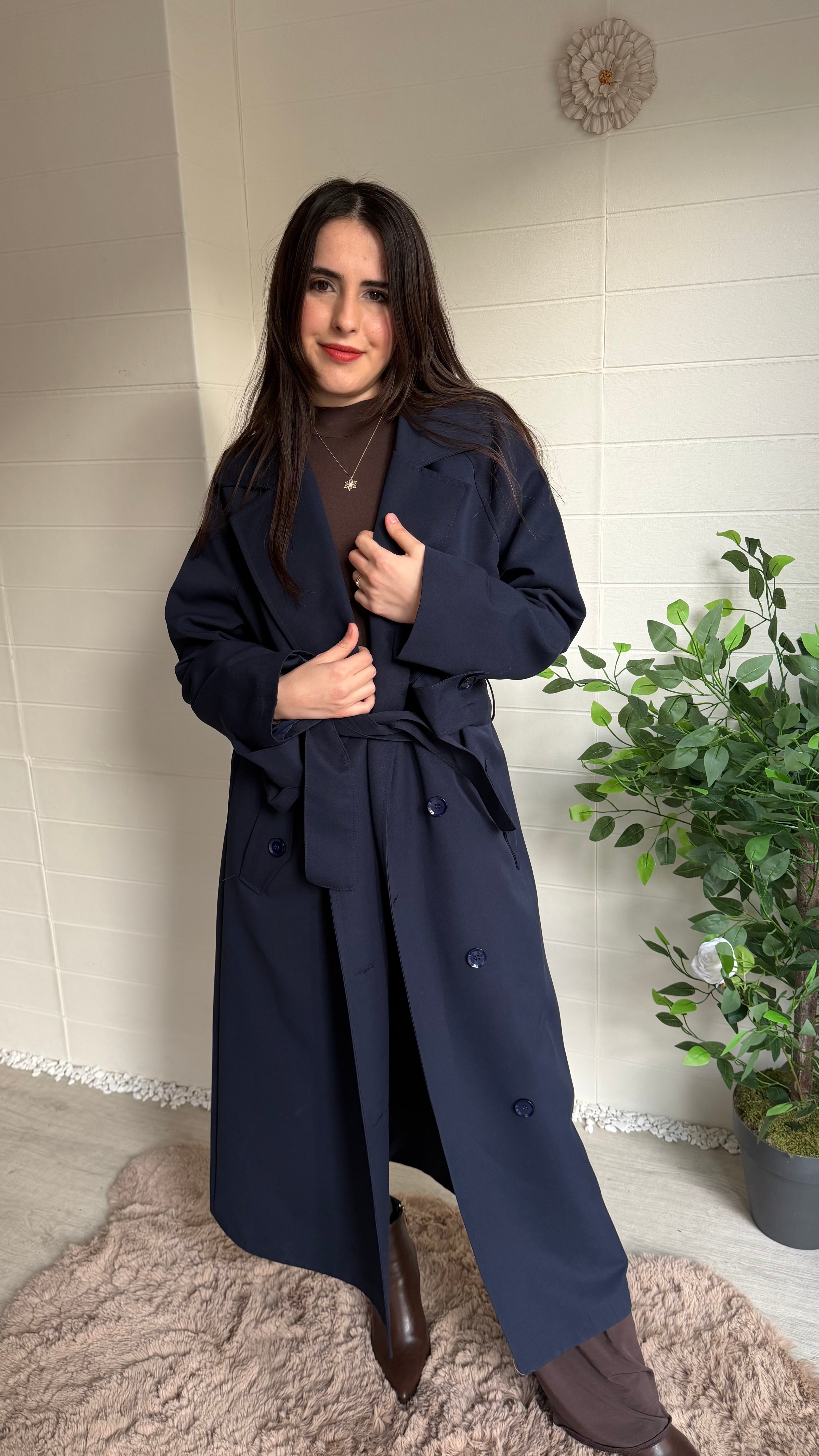 Uzun Düğmeli Sırtı Pelerin Trençkot