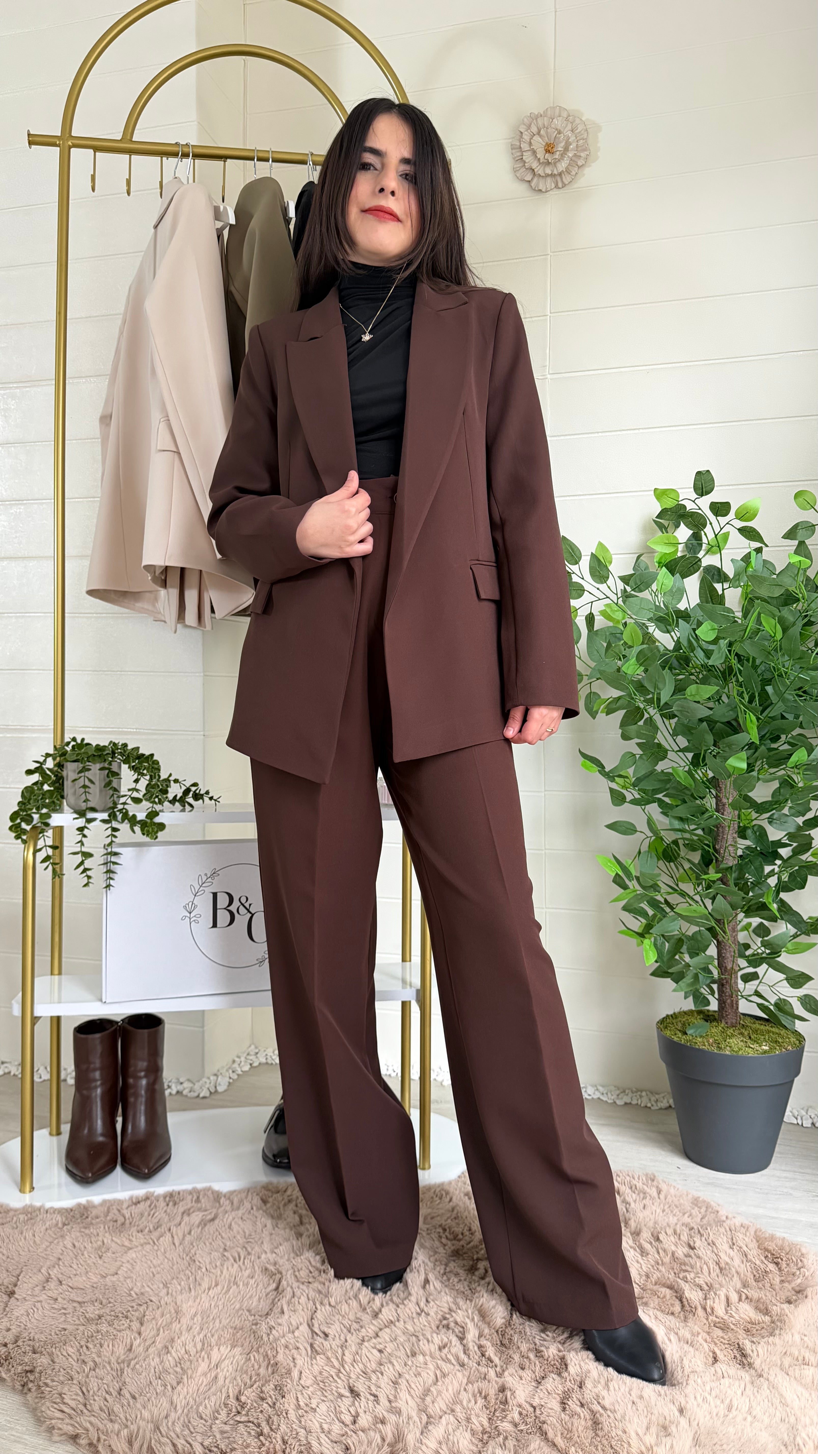 Çizgili Astarlı Blazer Ceket & Pileli Palazzo Pantolon Takım / Kahve
